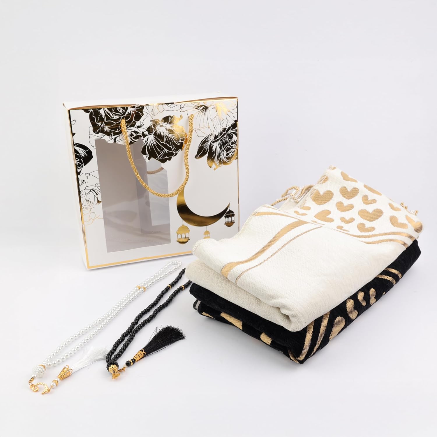 Couples Muslim Prayer Rug Set – 2 Soft Chenille Sajada Mats with Tasbih, White & Black Heart Design, Ramadan & Eid Islamic Gift