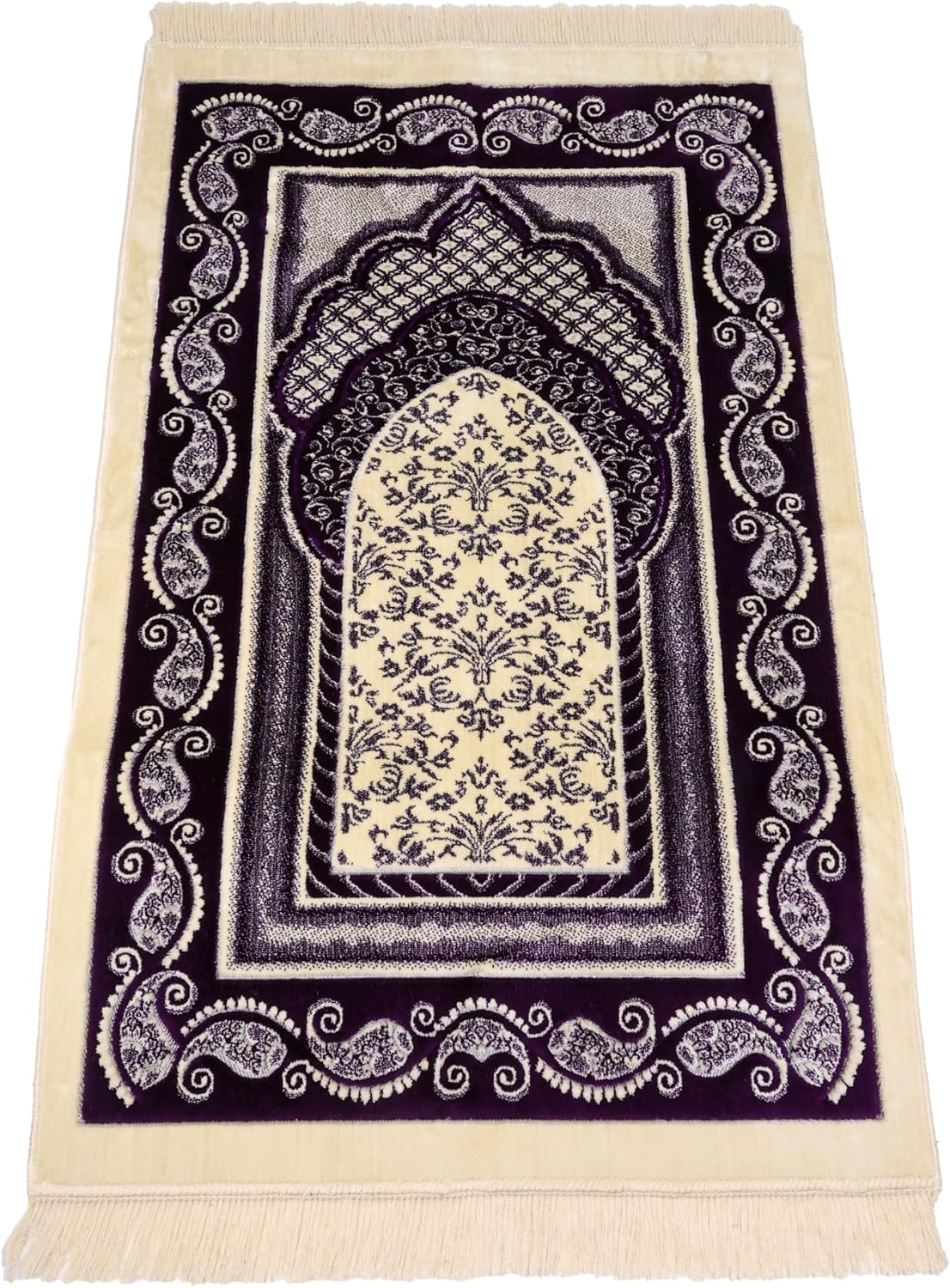 Luxury Soft Plush Velvet Prayer Rug – Royal Purple & Cream Paisley Design
