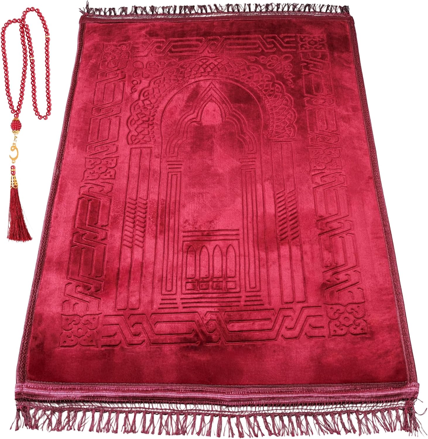 Luxury Turkish Velvet Prayer Rug – Red Embossed Floral Design with Tasbeeh