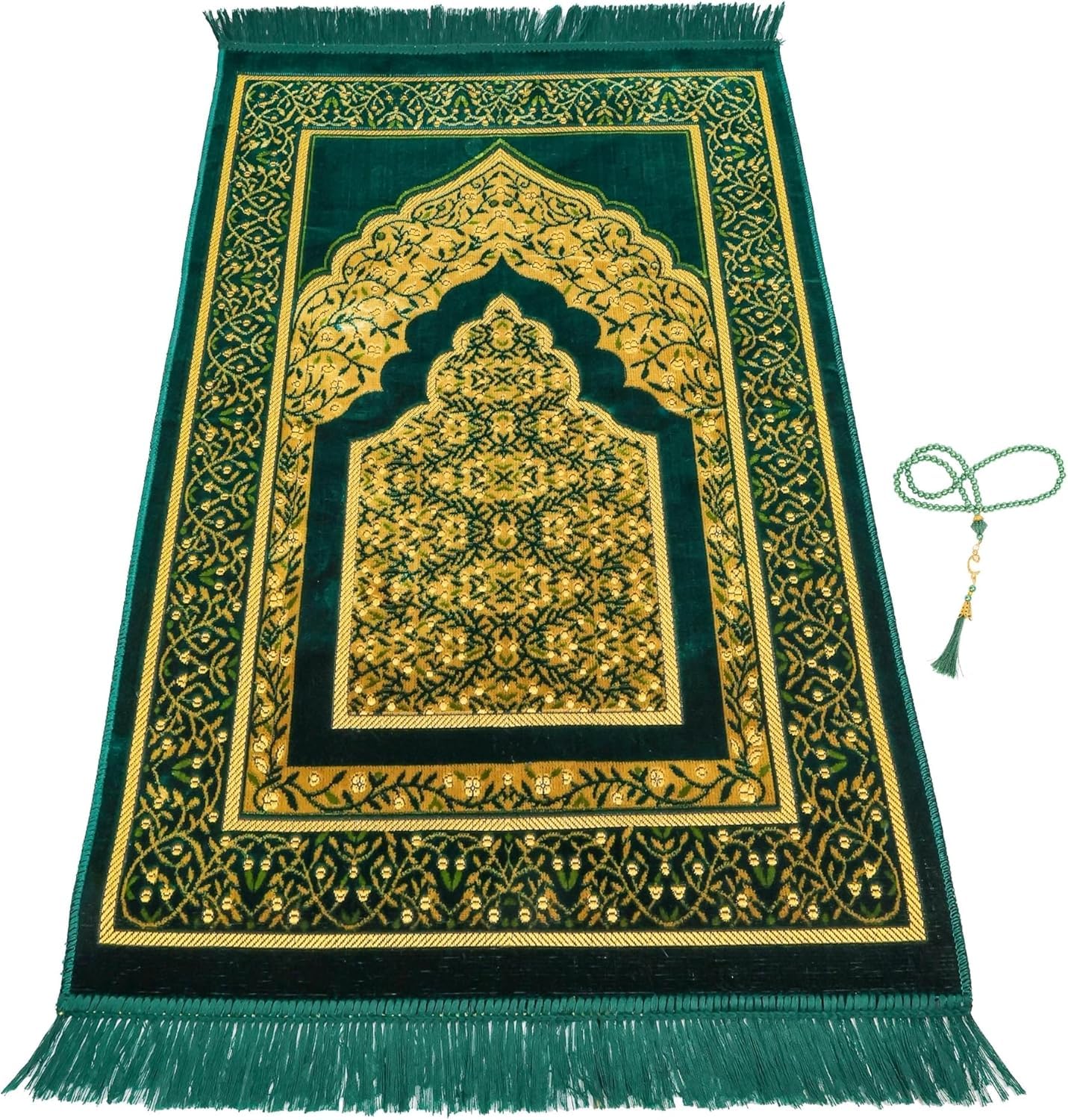 Luxury Turkish Velvet Prayer Rug – Forest Green & Gold Ottoman Arch Design