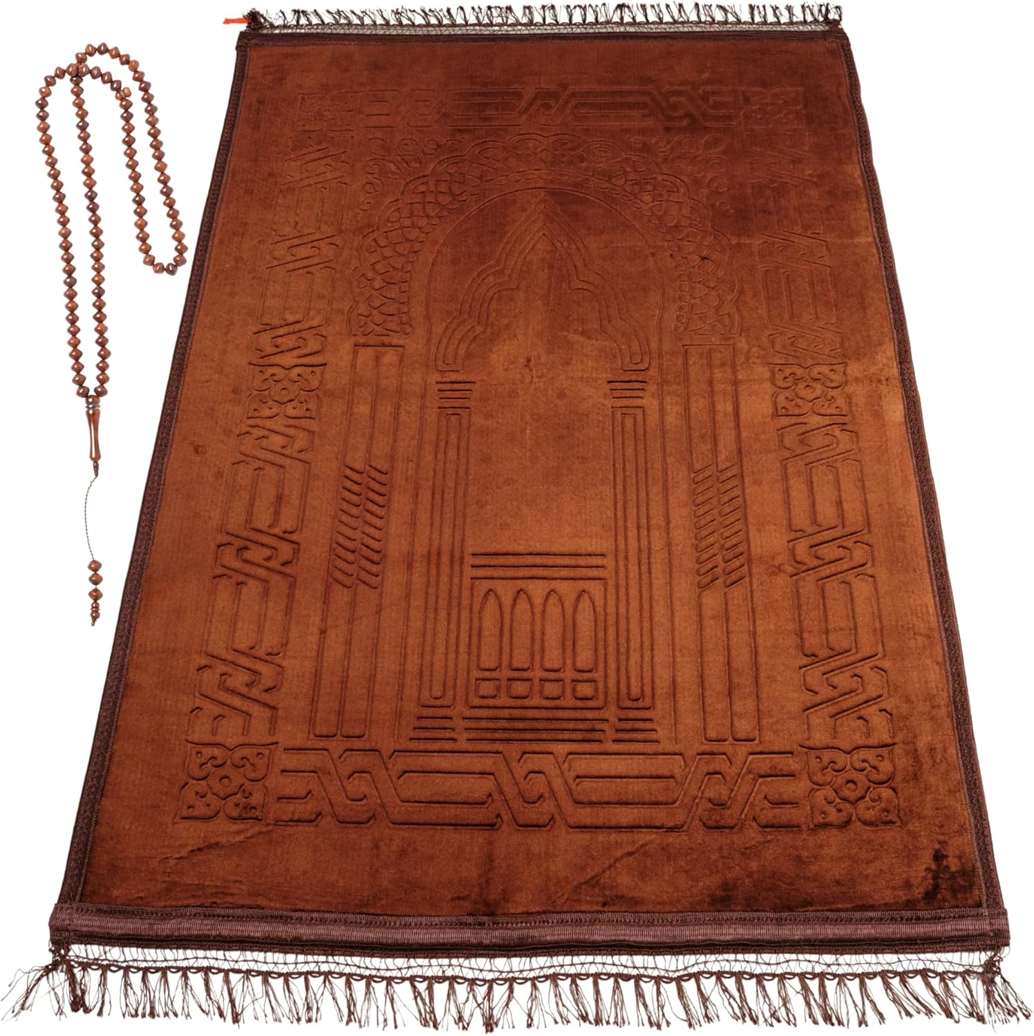 Luxury Turkish Velvet Prayer Rug – Brown Embossed Floral Design with Tasbeeh