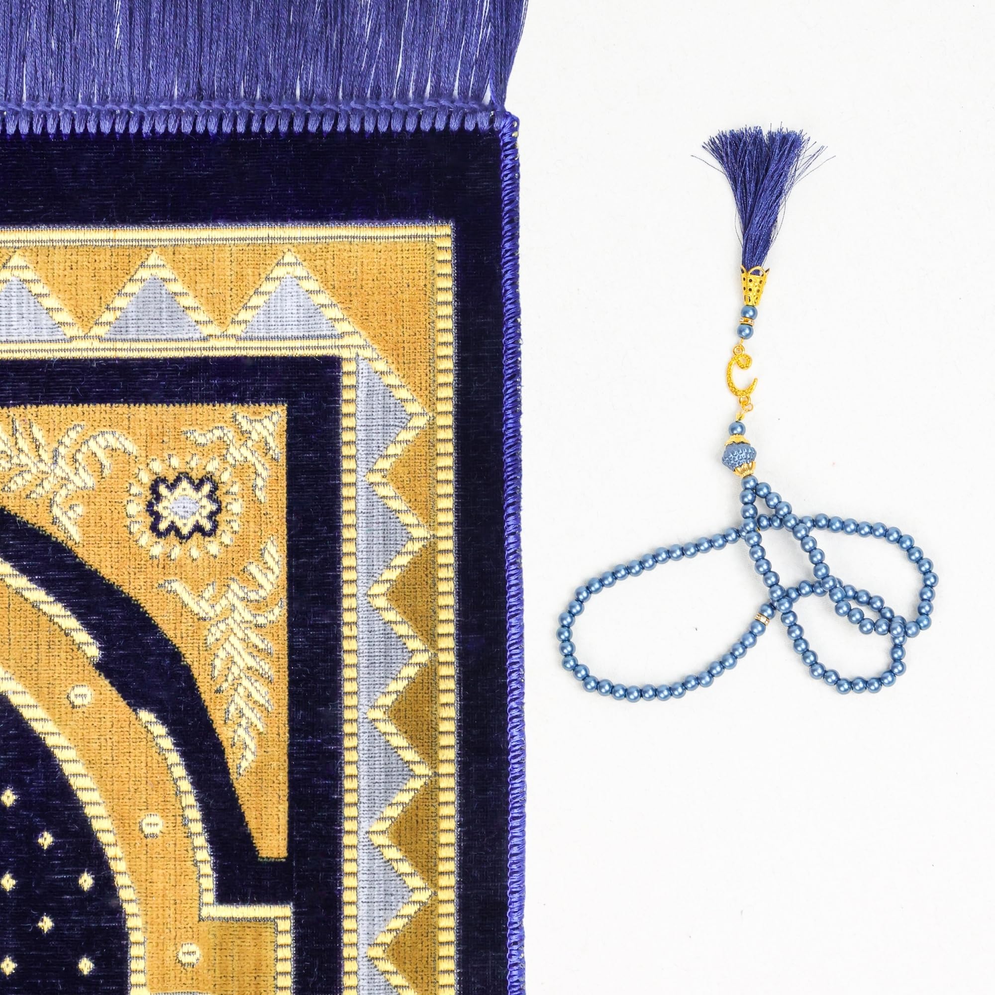 Luxury Turkish Velvet Prayer Rug – Navy Blue & Gold Arch Design