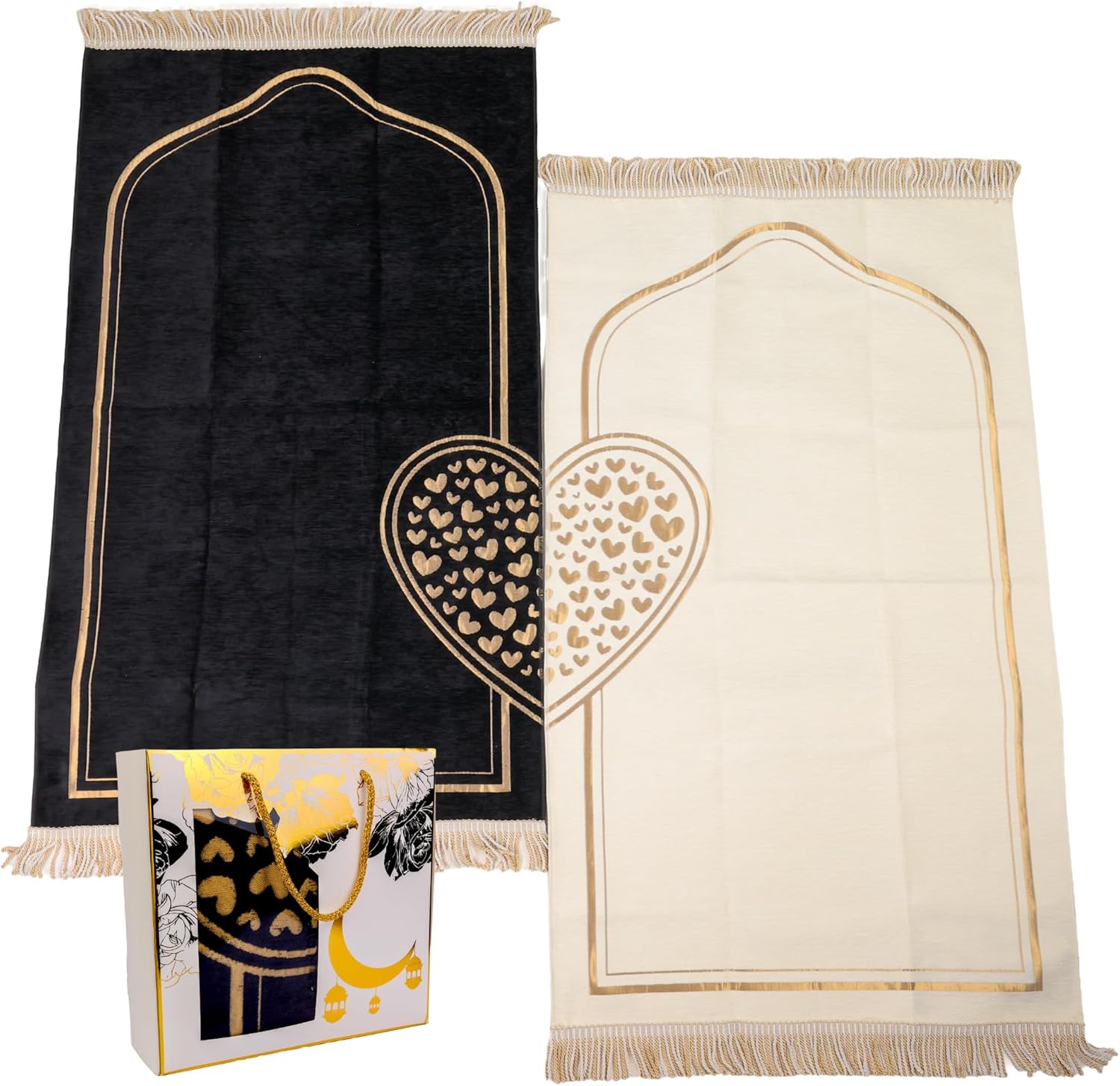 Couples Muslim Prayer Rug Set – 2 Soft Chenille Sajada Mats with Tasbih, White & Black Heart Design, Ramadan & Eid Islamic Gift