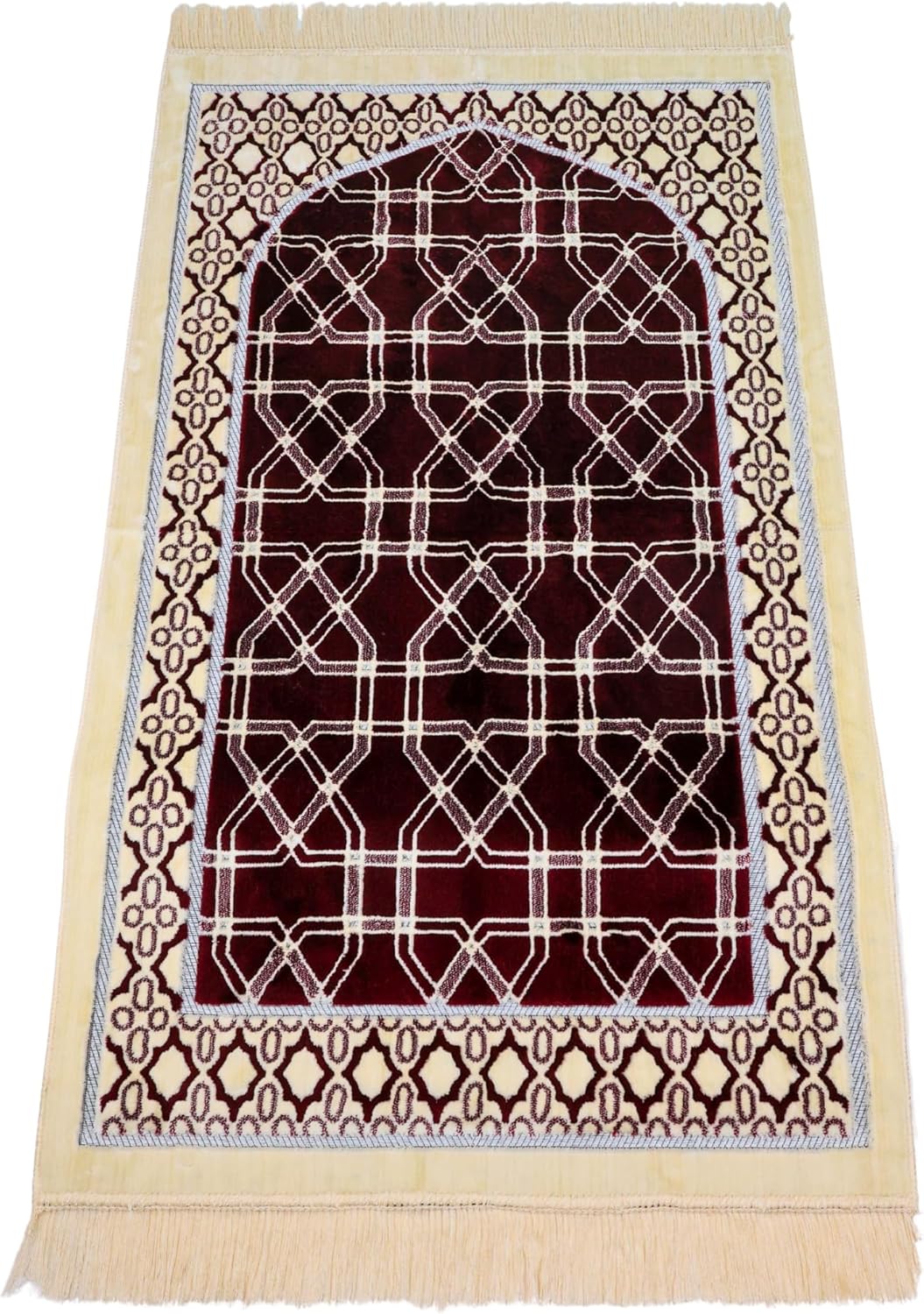 Luxury Soft Plush Velvet Prayer Rug – Burgundy & Cream Geometric Lattice Design
