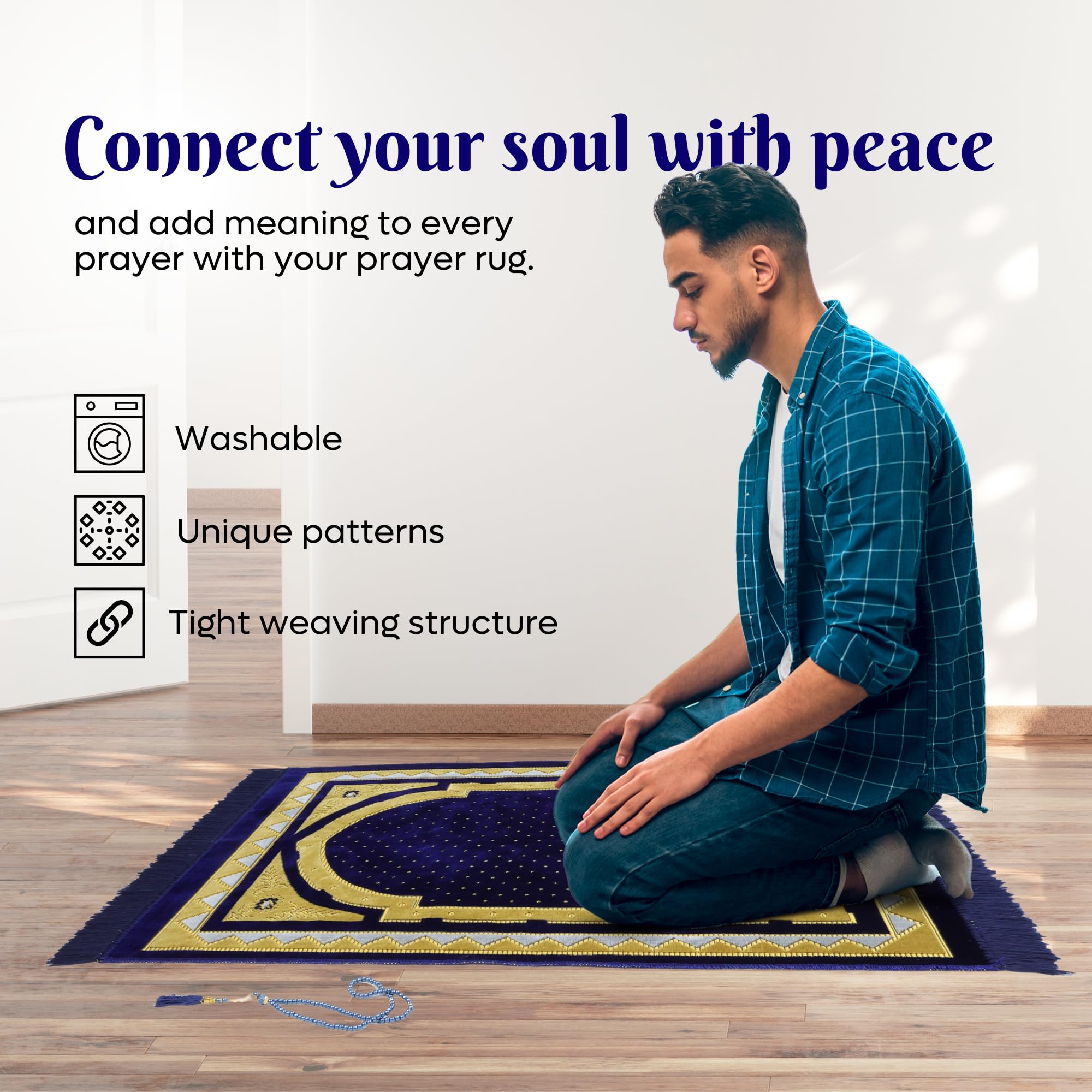 Luxury Turkish Velvet Prayer Rug – Navy Blue & Gold Arch Design