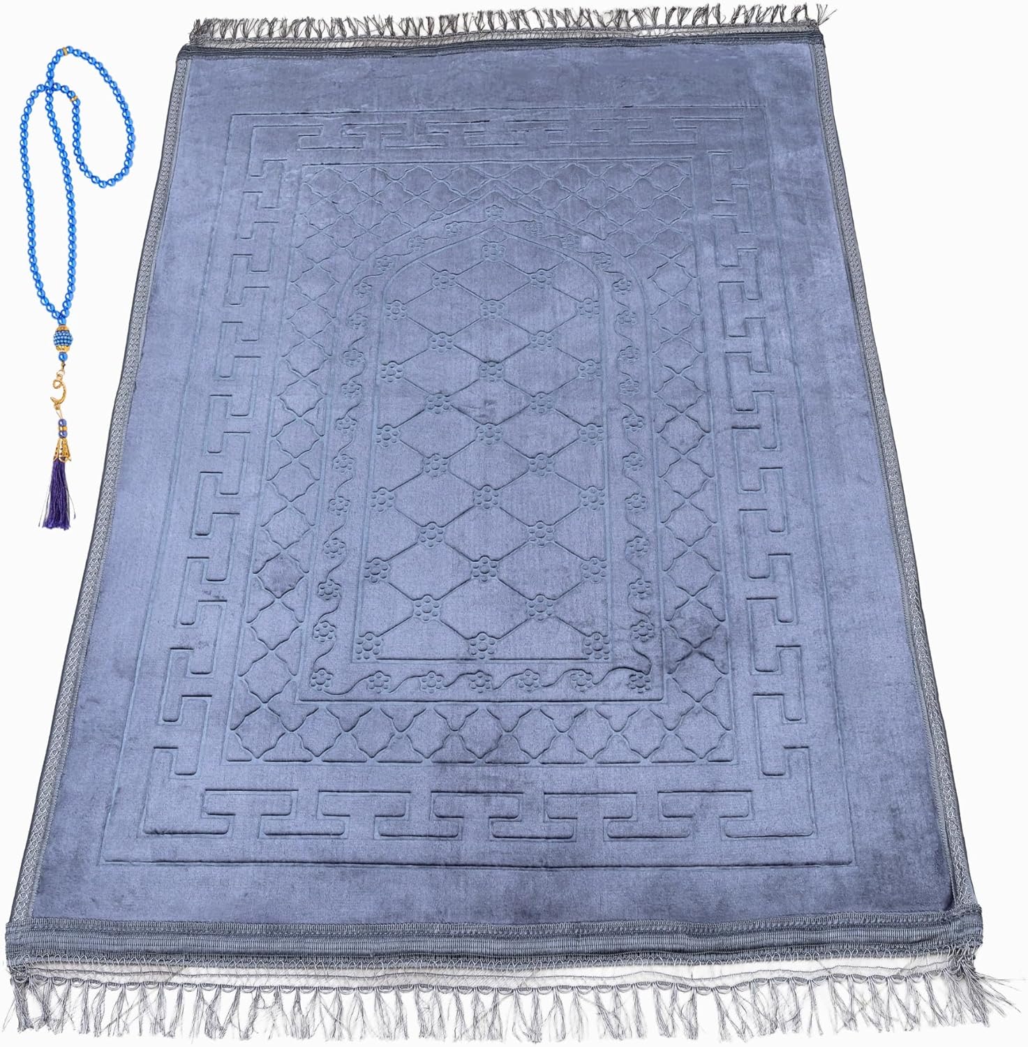 Luxury Turkish Velvet Prayer Rug – Blue Embossed Floral Design with Tasbeeh