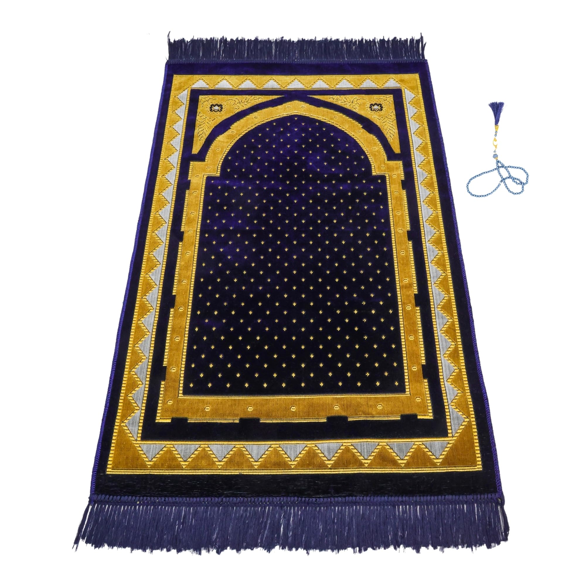 Luxury Turkish Velvet Prayer Rug – Navy Blue & Gold Arch Design