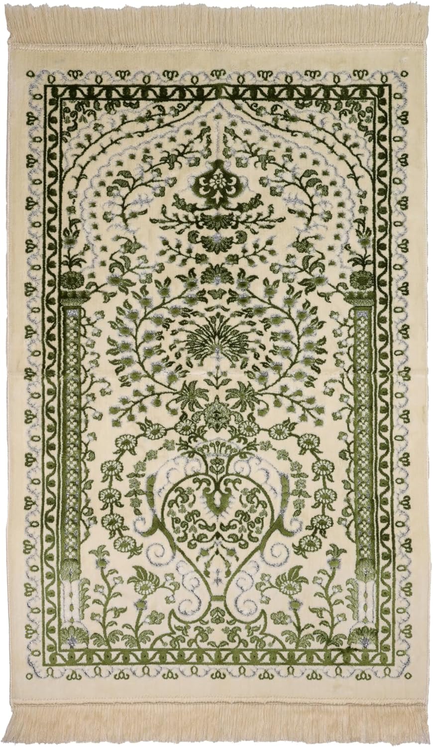 Luxury Soft Plush Velvet Prayer Rug – Sage Green & Cream Botanical Design