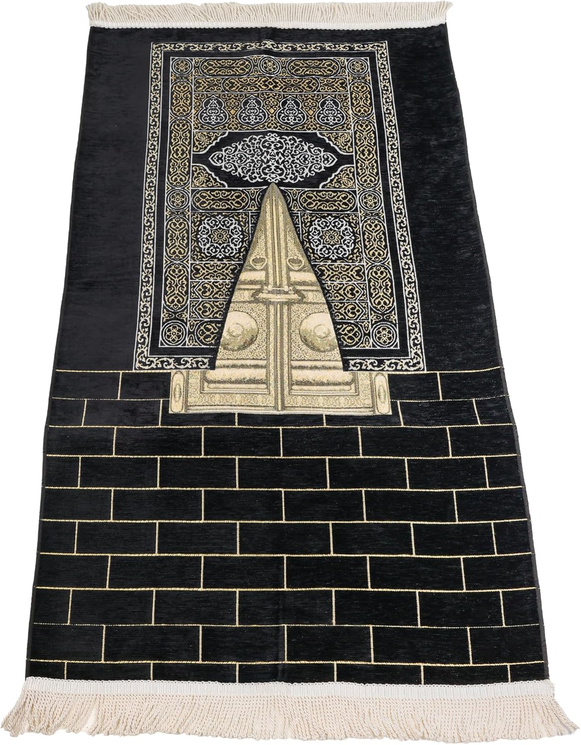 Turkish Velvet Muslim Prayer Rug – Soft Plush Islamic Sajada Mat (2'2" x 3'7") – Elegant Black & Gold Design