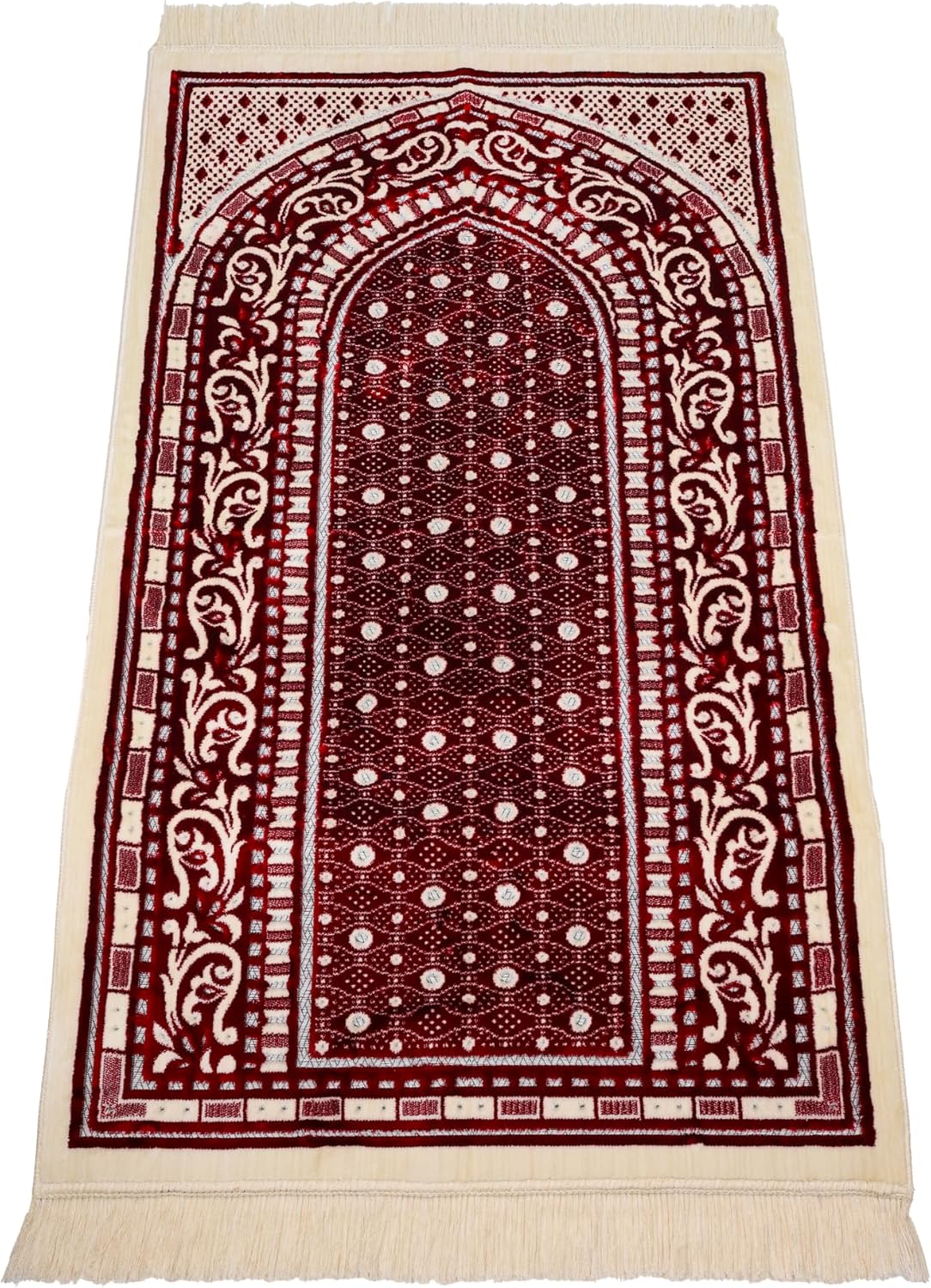 Luxury Soft Plush Velvet Prayer Rug – Classic Red & Cream Heritage Design