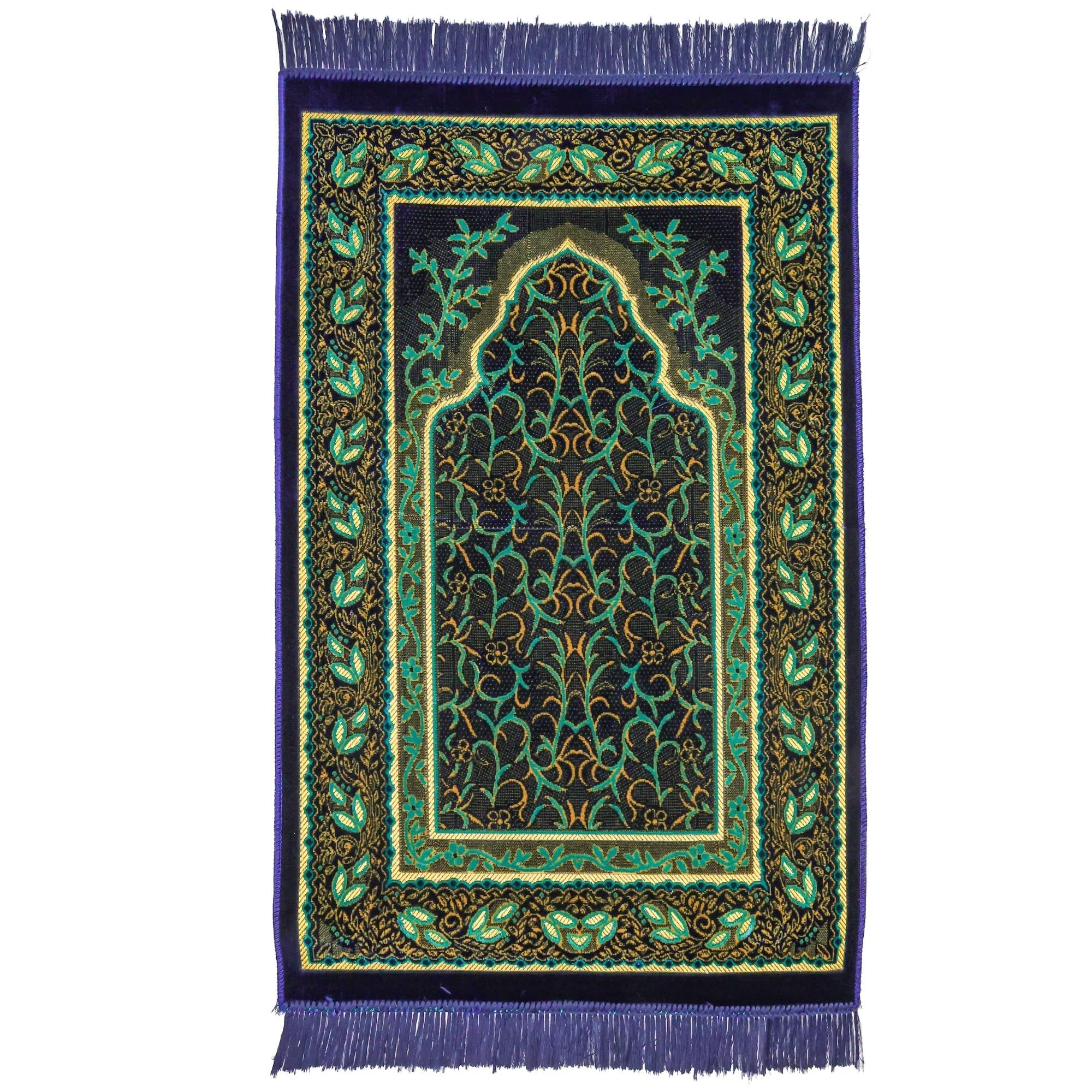 Luxury Turkish Velvet Prayer Rug – Navy Green & Emerald Floral Vine Design