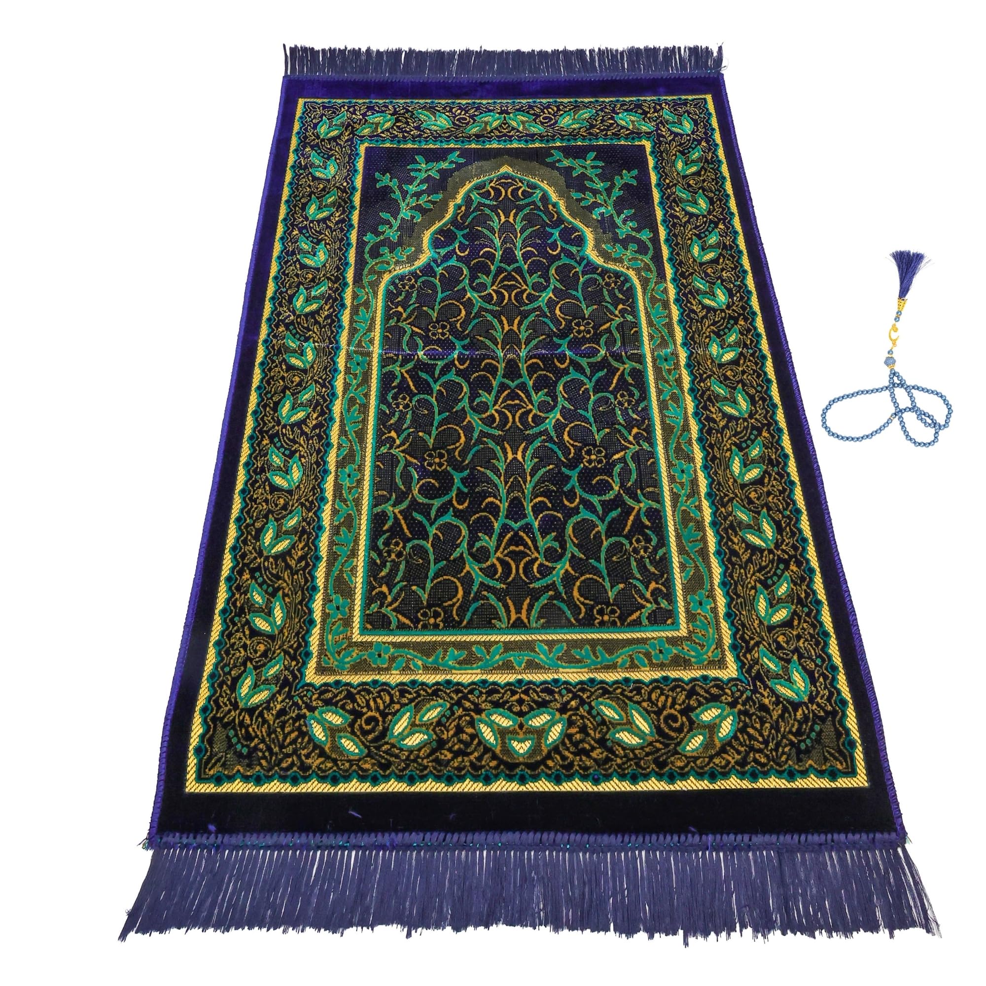 Luxury Turkish Velvet Prayer Rug – Navy Green & Emerald Floral Vine Design