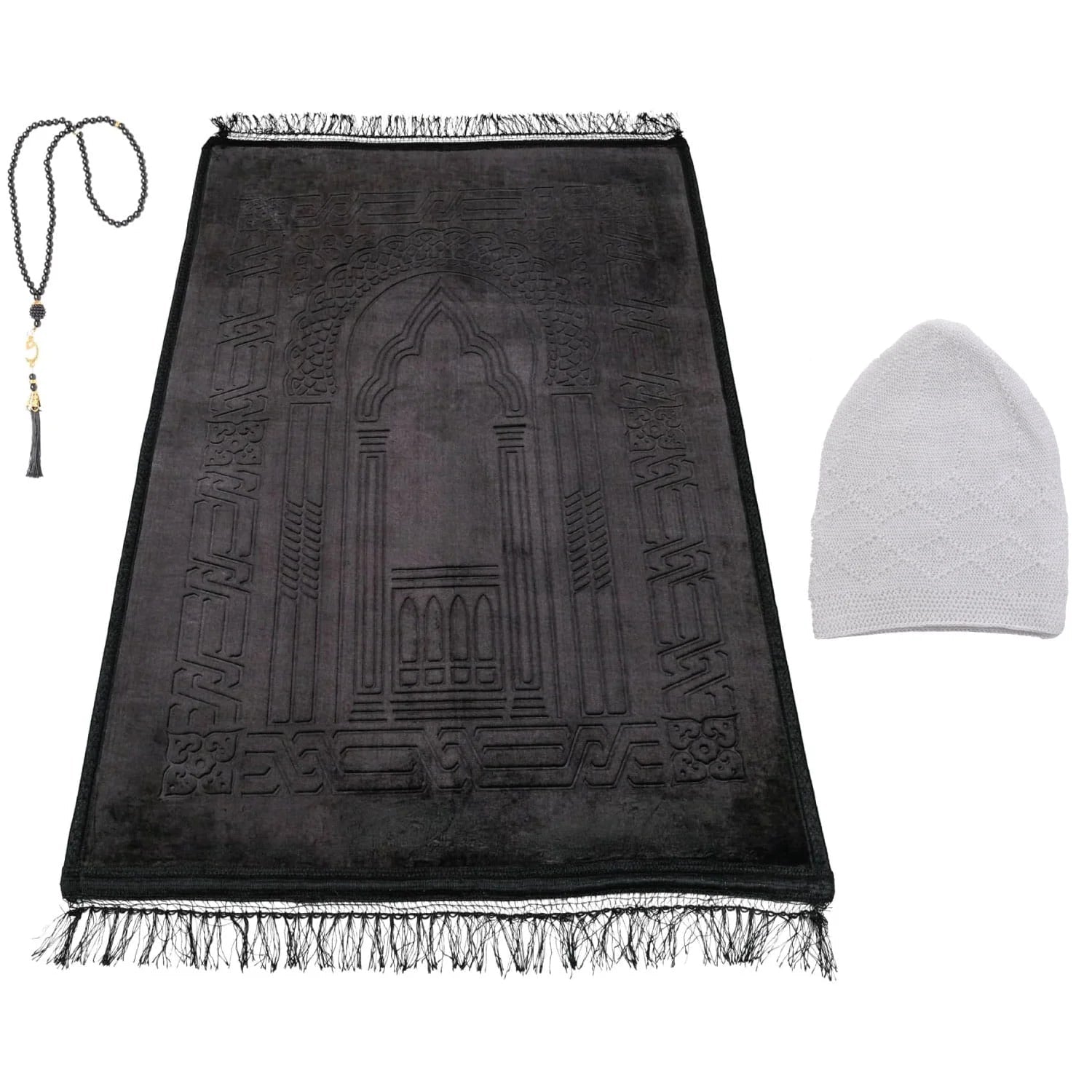 Luxury Ottoman Black Embossed Velvet Prayer Rug with Prayer Cap - Firaset
