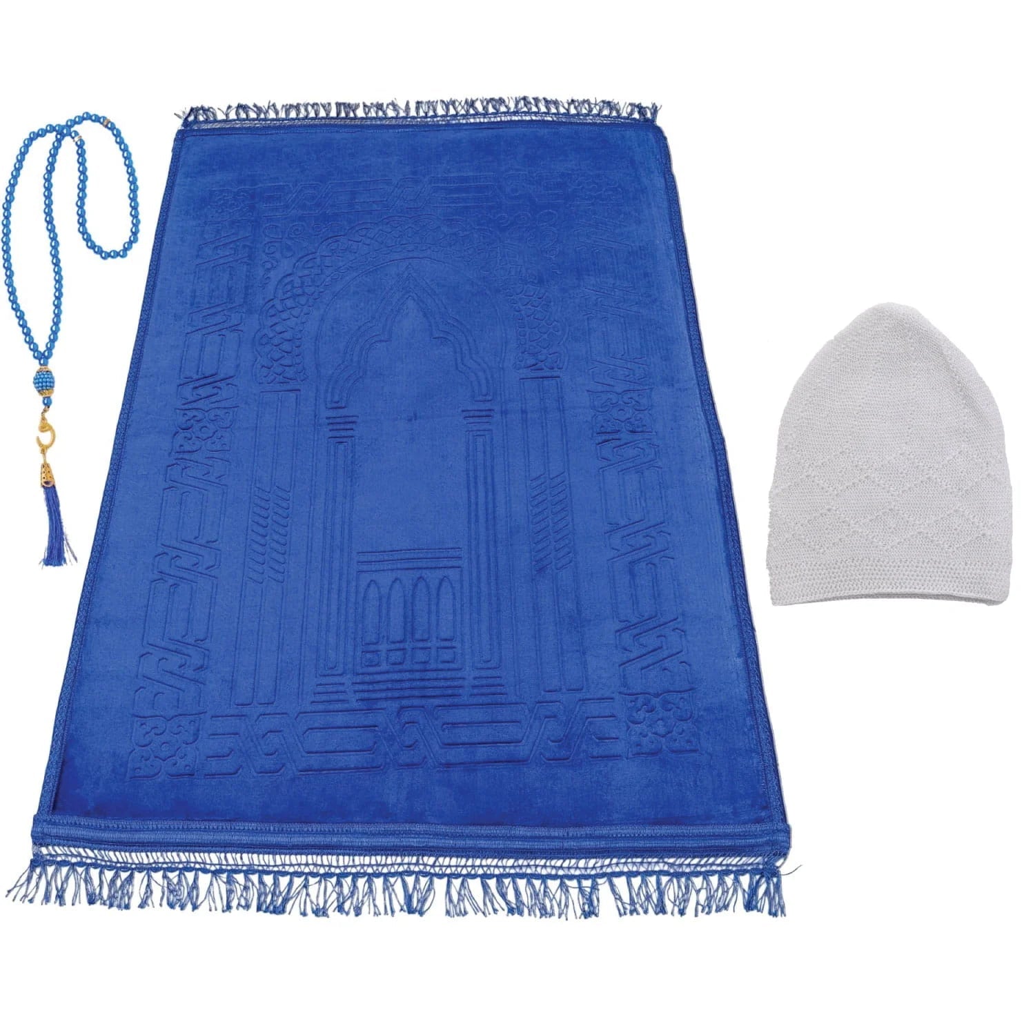 Luxury Ottoman Blue Embossed Velvet Prayer Rug with Prayer Cap - Firaset