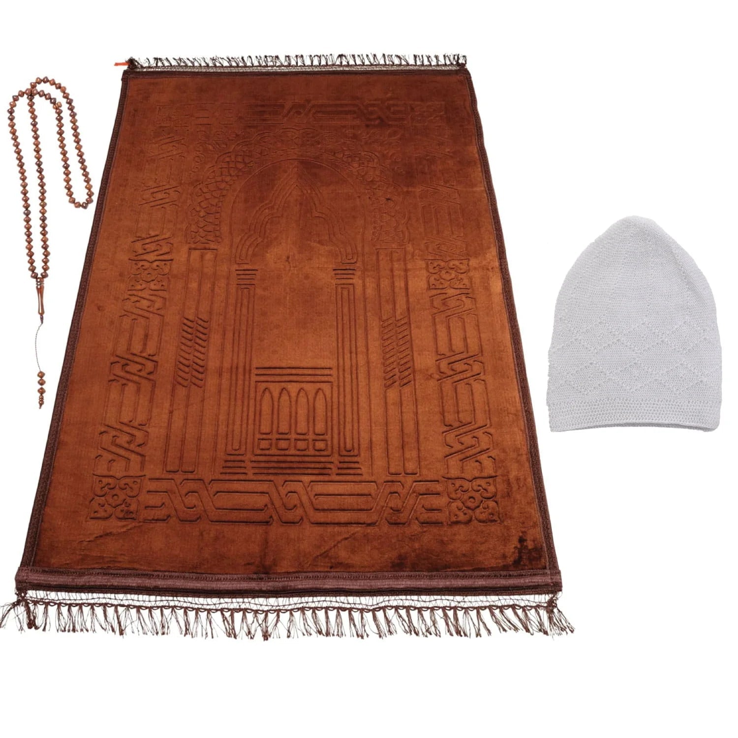 Luxury Ottoman Brown Embossed Velvet Prayer Rug with Prayer Cap - Firaset