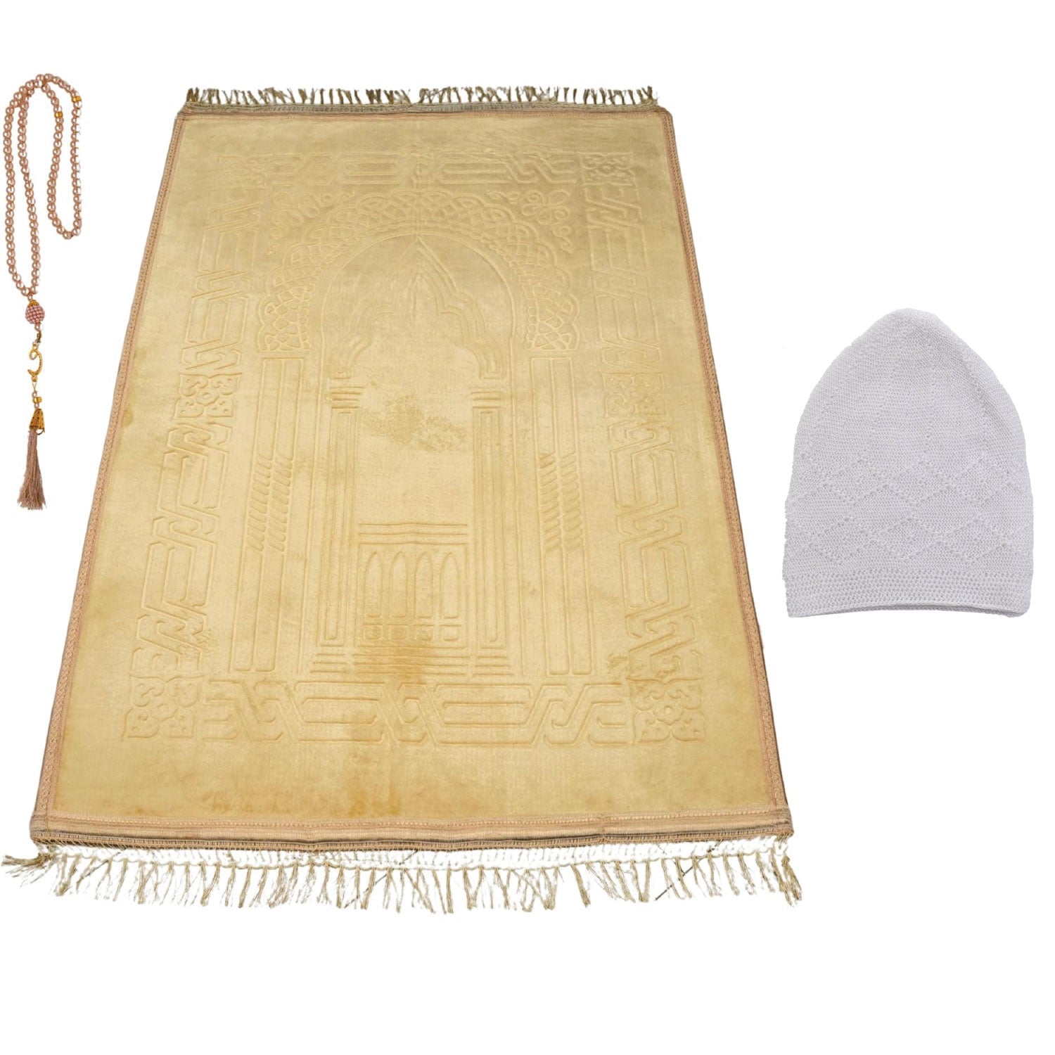 Luxury Ottoman Gold Embossed Velvet Prayer Rug with Prayer Cap - Firaset
