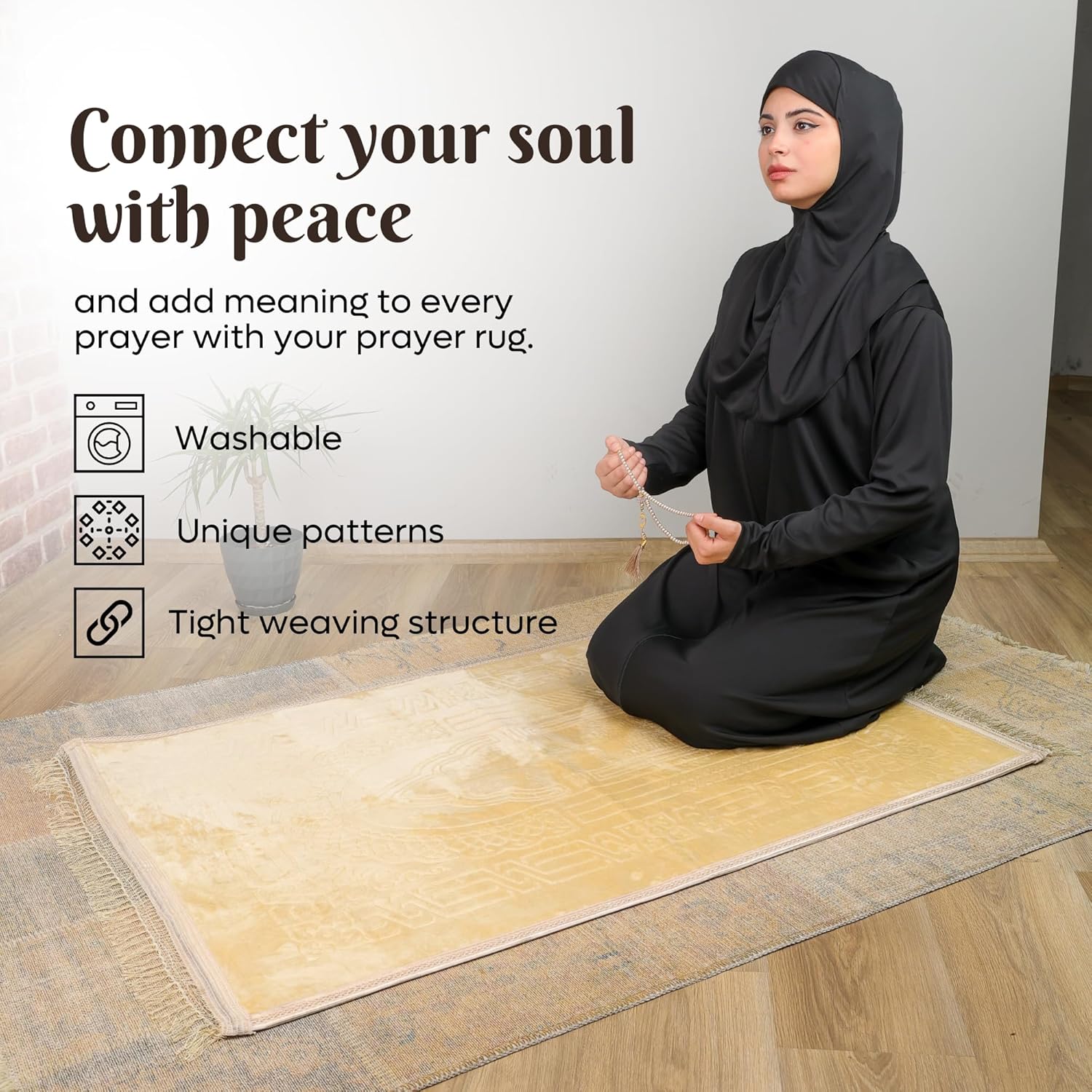 Luxury Ottoman Gold Embossed Velvet Prayer Rug with Prayer Cap - Firaset