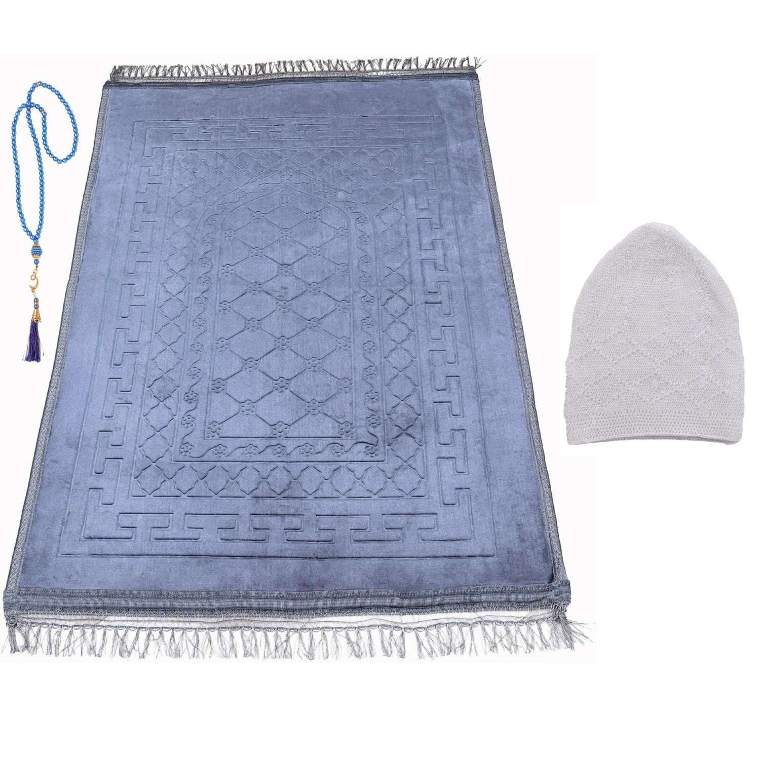 Luxury Ottoman Light Blue Embossed Velvet Prayer Rug with Prayer Cap - Firaset