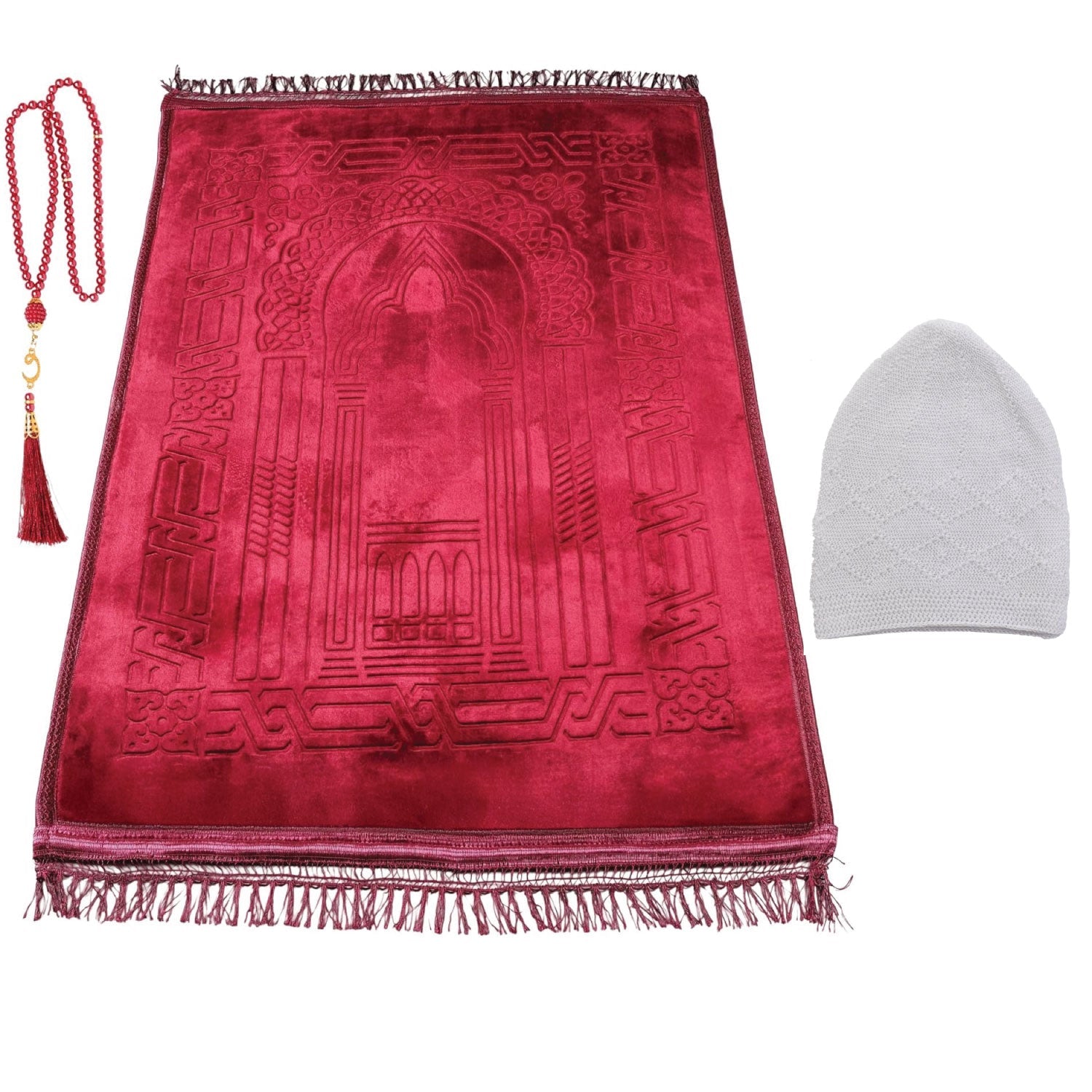 Luxury Ottoman Red Embossed Velvet Prayer Rug with Prayer Cap - Firaset