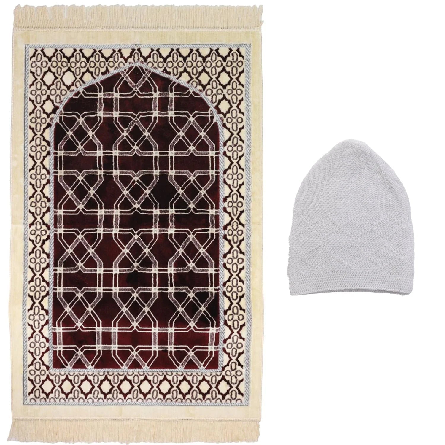 Luxury Soft Plush Burgundy & Cream Velvet Prayer Rug with Prayer Cap - Firaset