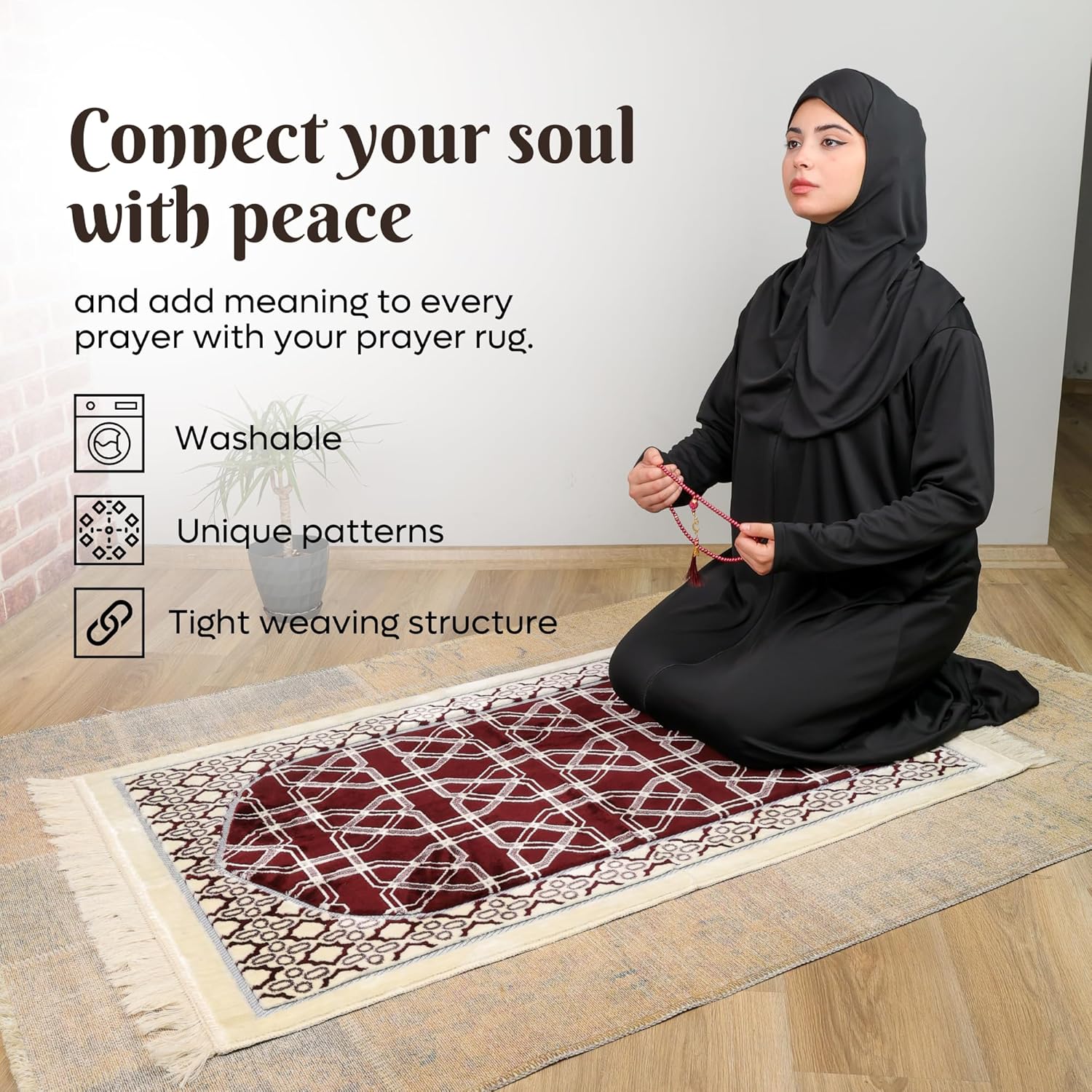 Luxury Soft Plush Burgundy & Cream Velvet Prayer Rug with Prayer Cap - Firaset