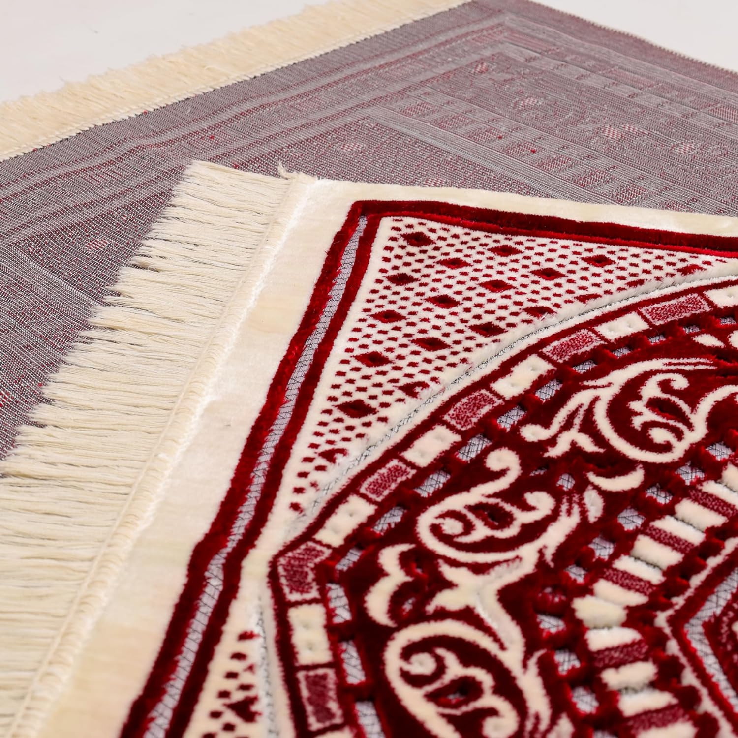 Luxury Soft Plush Classic Red & Cream Velvet Prayer Rug with Prayer Cap - Firaset