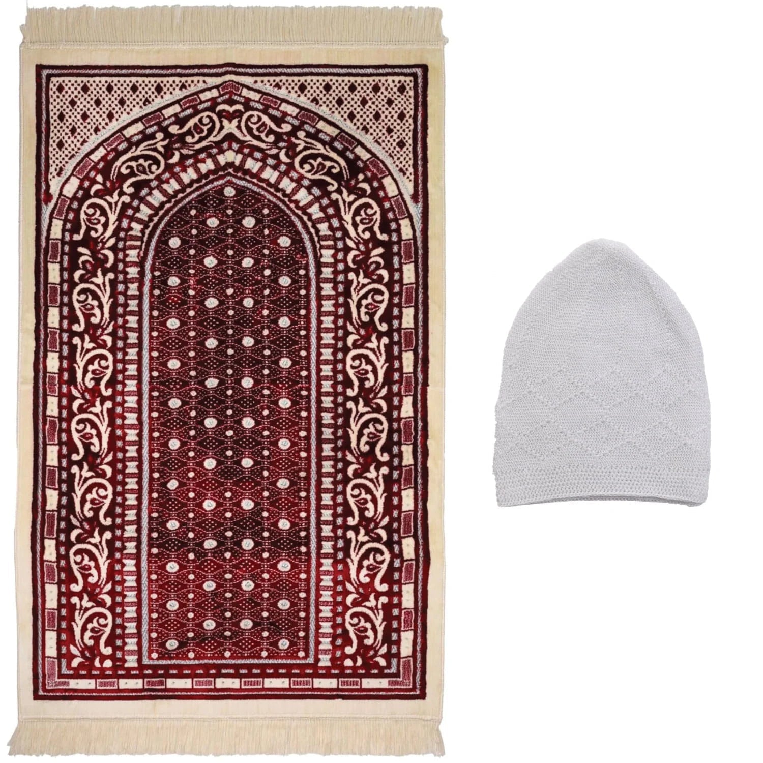 Luxury Soft Plush Classic Red & Cream Velvet Prayer Rug with Prayer Cap - Firaset