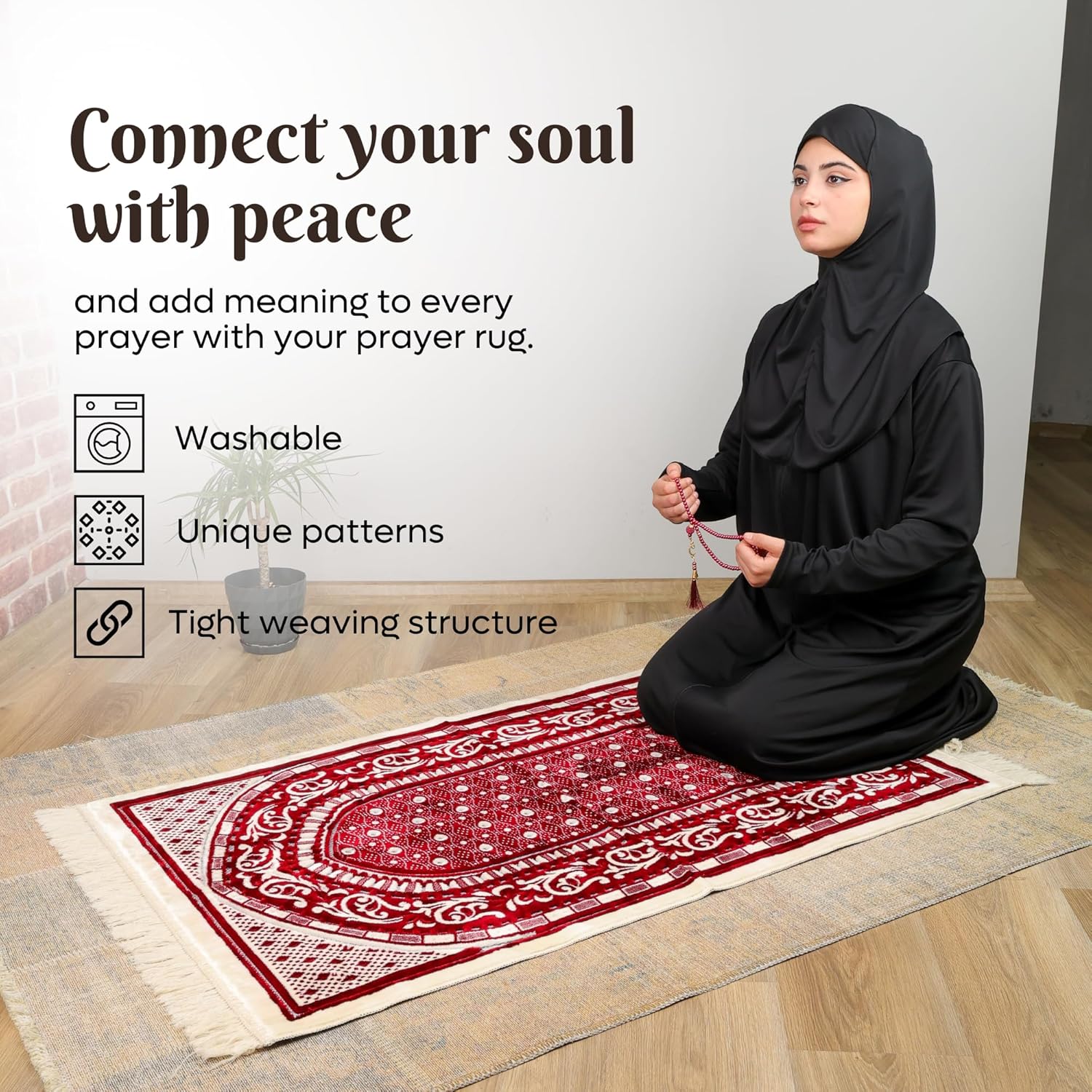 Luxury Soft Plush Classic Red & Cream Velvet Prayer Rug with Prayer Cap - Firaset