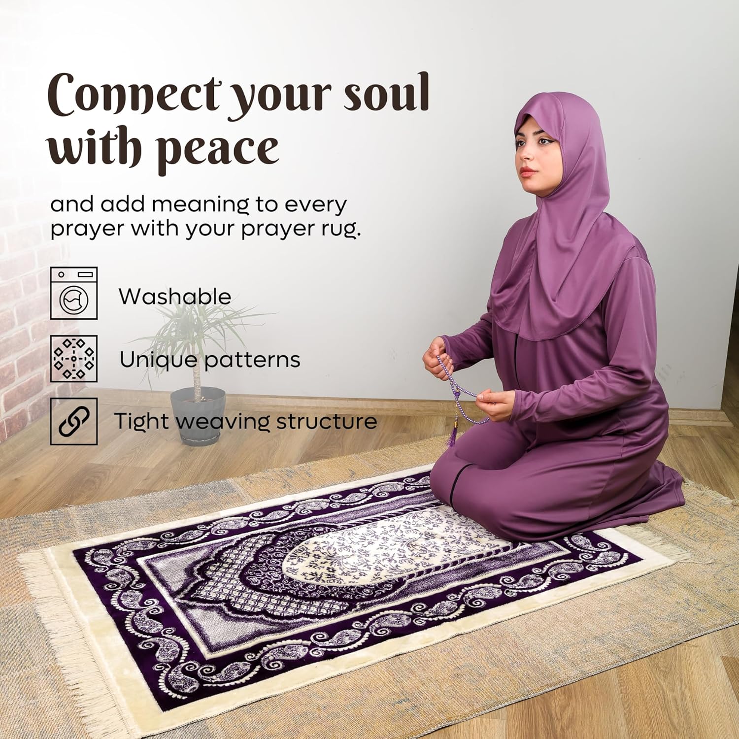 Luxury Soft Plush Royal Purple & Cream Velvet Prayer Rug with Prayer Cap - Firaset