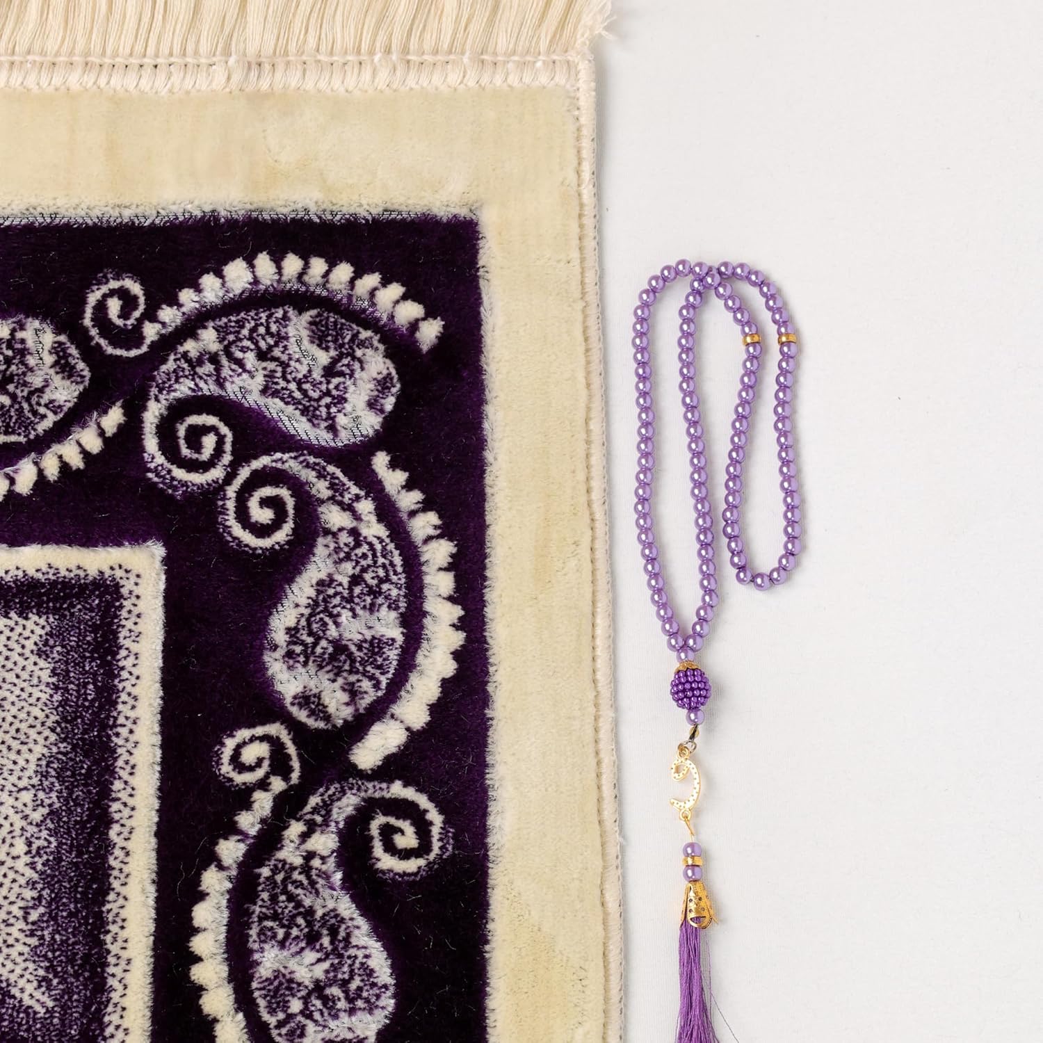 Luxury Soft Plush Royal Purple & Cream Velvet Prayer Rug with Prayer Cap - Firaset
