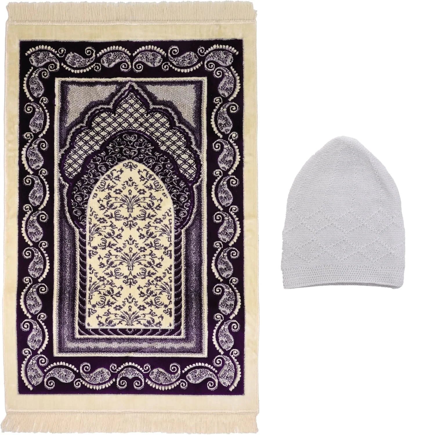 Luxury Soft Plush Royal Purple & Cream Velvet Prayer Rug with Prayer Cap - Firaset