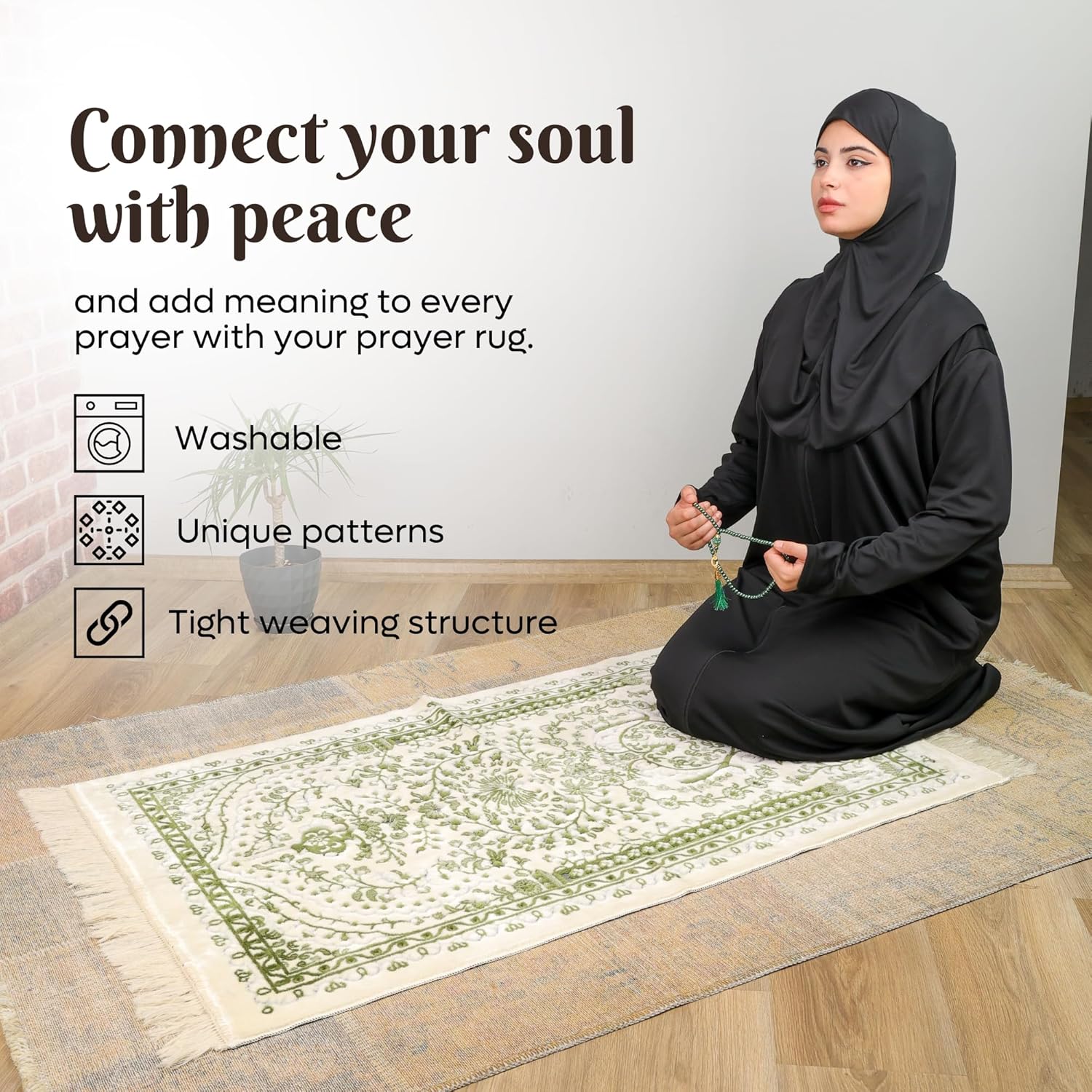 Luxury Soft Plush Sage Green & Cream Velvet Prayer Rug with Prayer Cap - Firaset