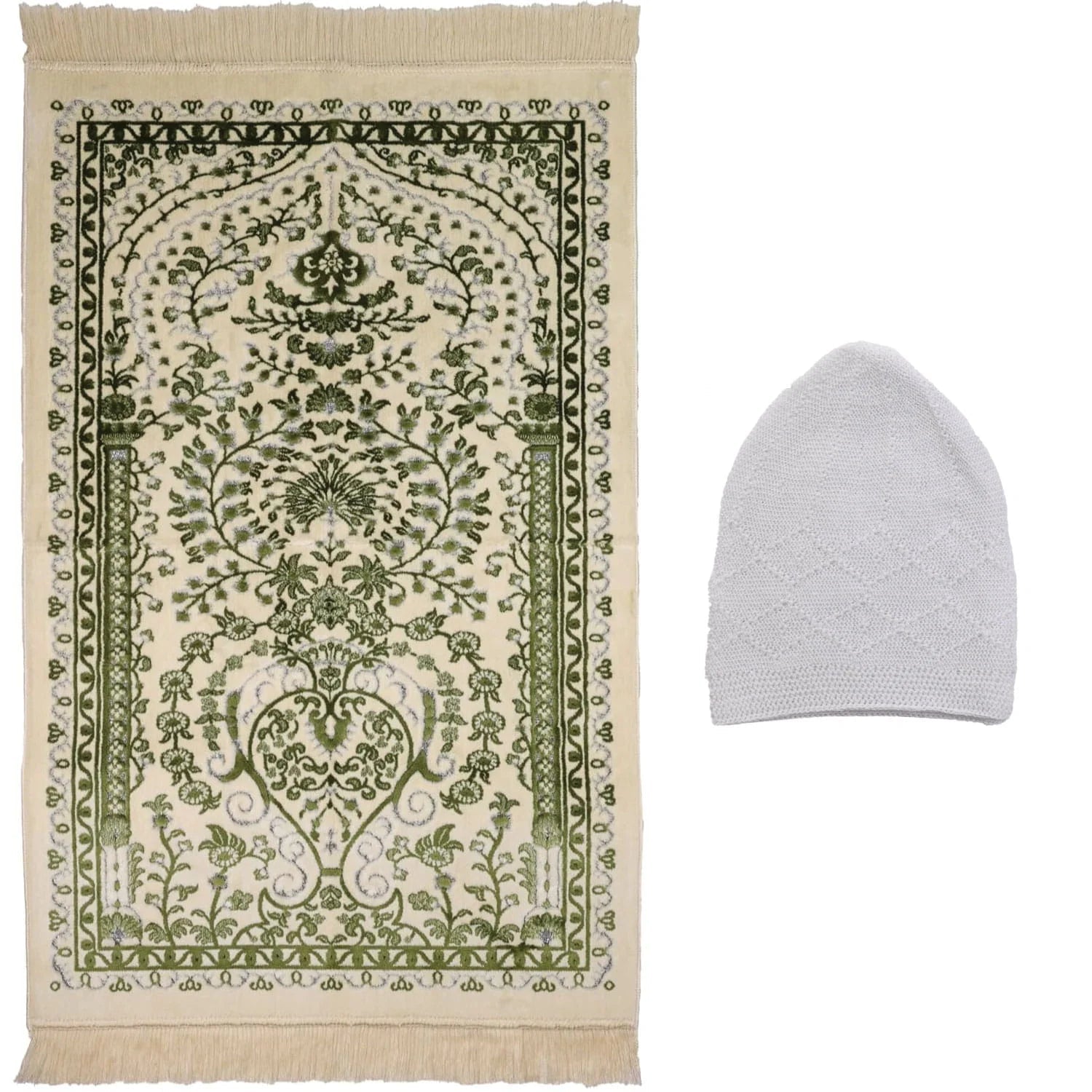 Luxury Soft Plush Sage Green & Cream Velvet Prayer Rug with Prayer Cap - Firaset