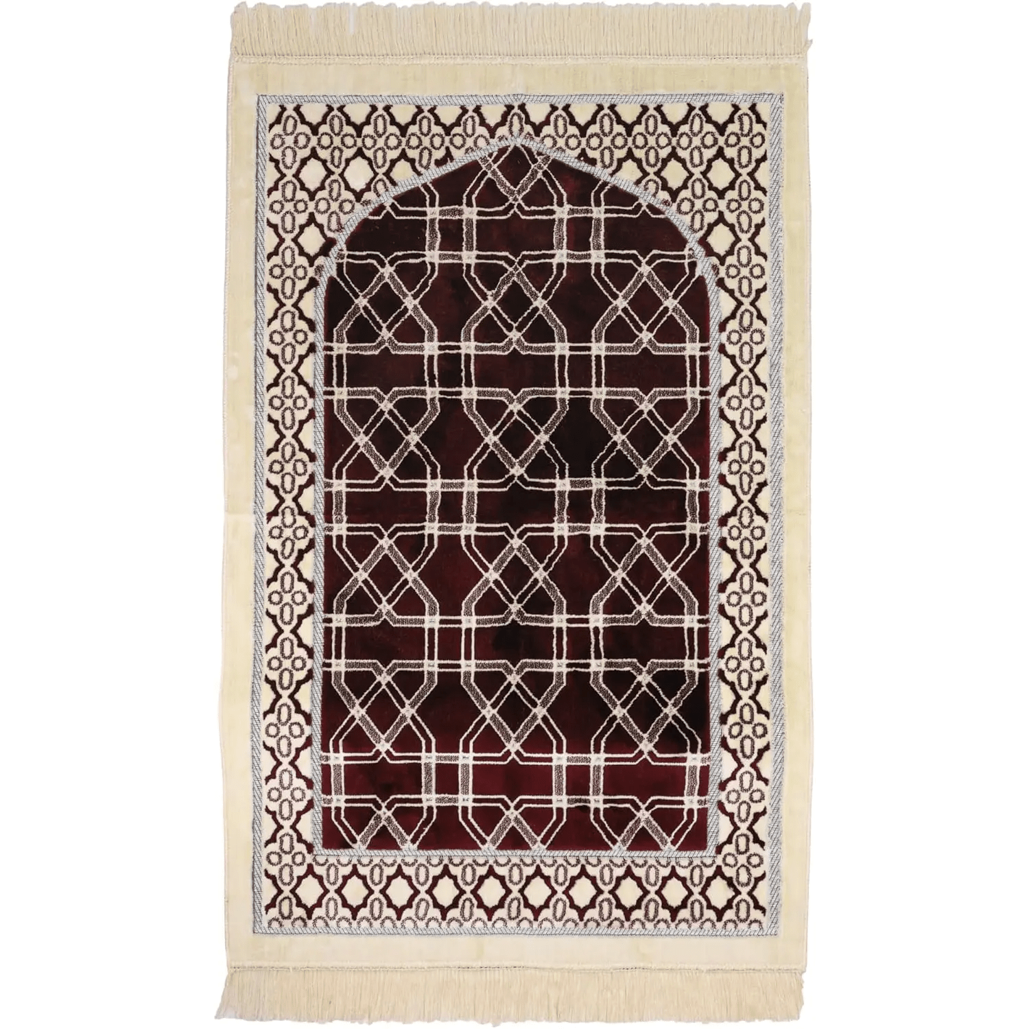 Luxury Soft Plush Velvet Prayer Rug – Burgundy & Cream Geometric Lattice Design - Firaset