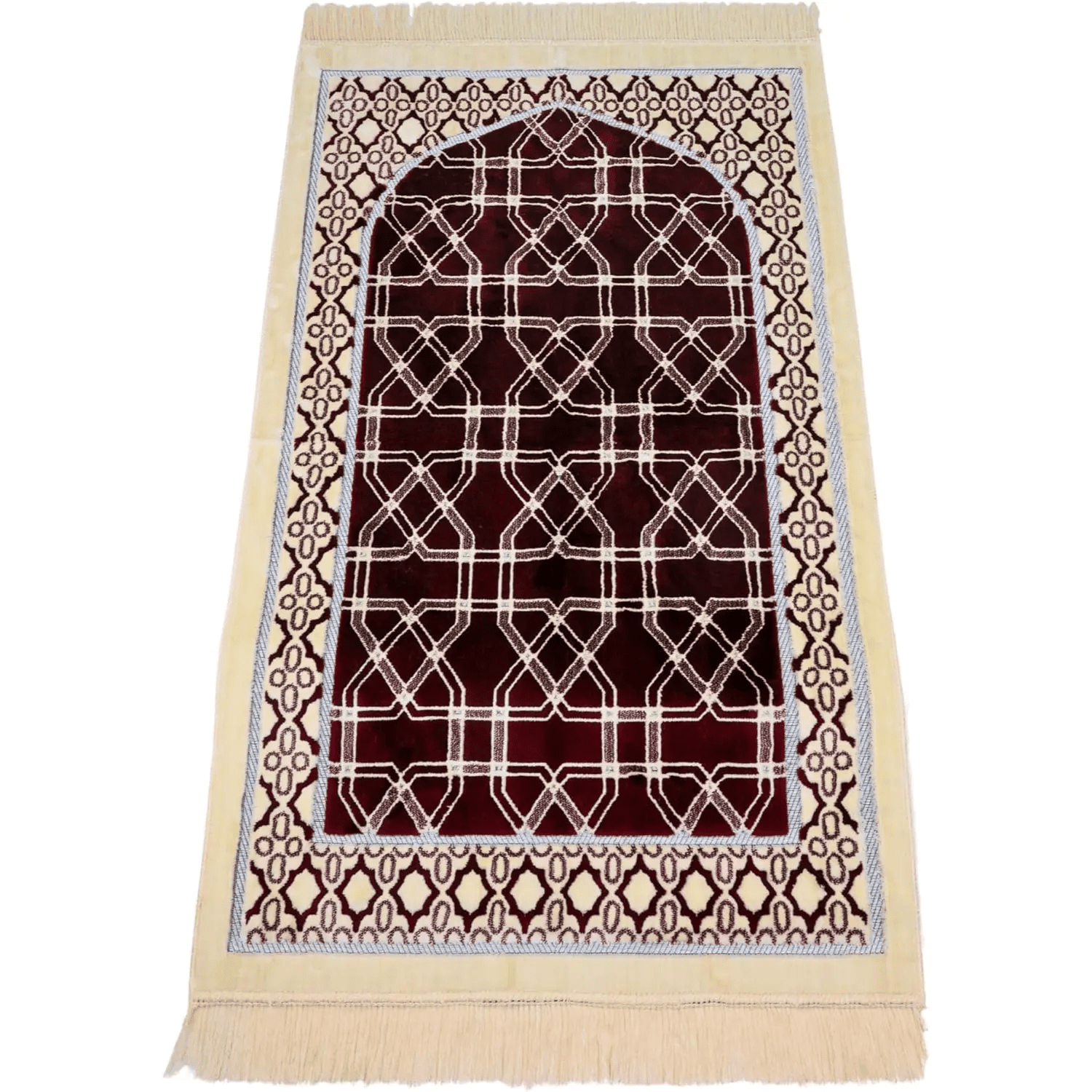 Luxury Soft Plush Velvet Prayer Rug – Burgundy & Cream Geometric Lattice Design - Firaset