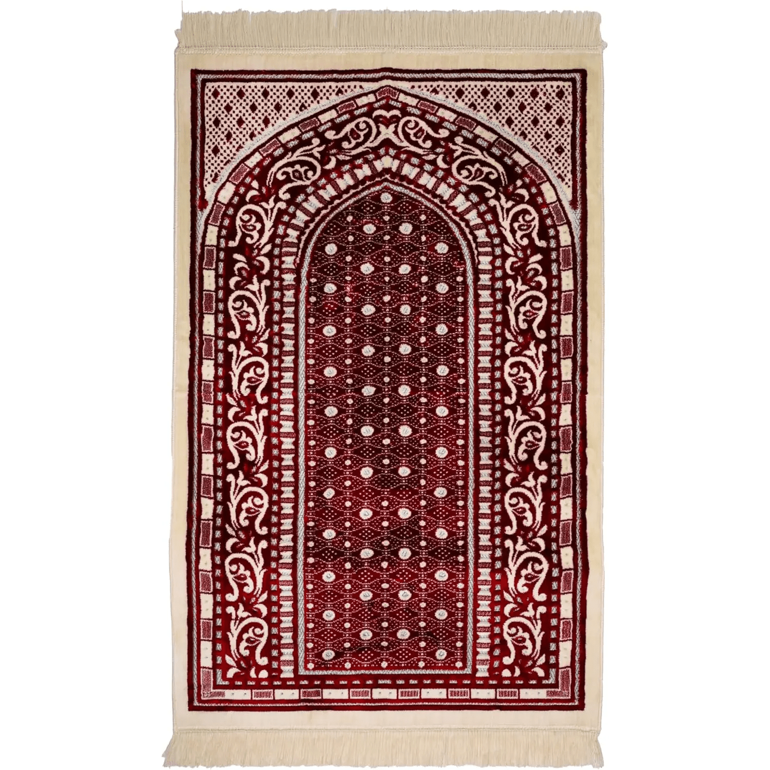 Luxury Soft Plush Velvet Prayer Rug – Classic Red & Cream Heritage Design - Firaset