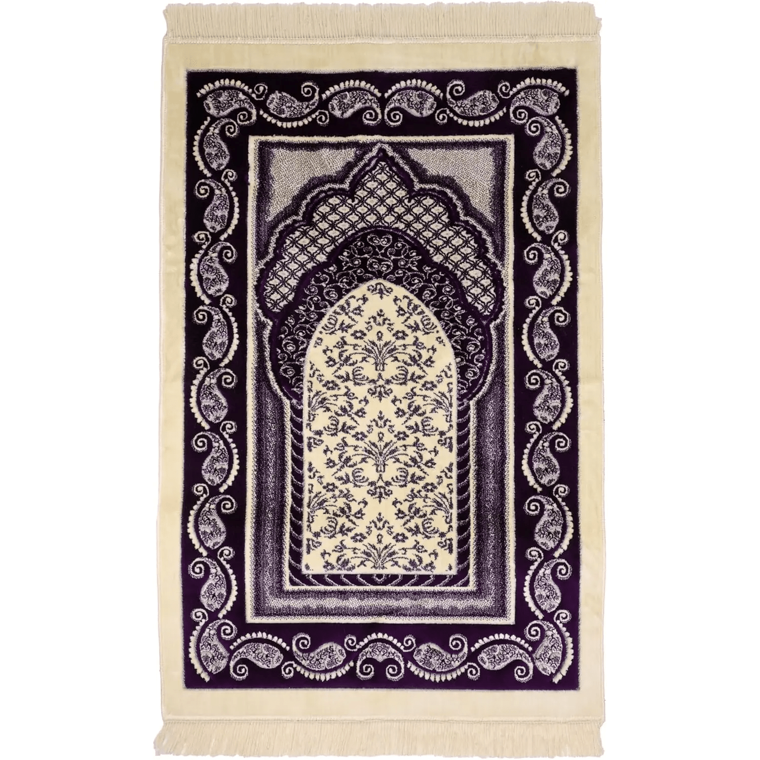 Luxury Soft Plush Velvet Prayer Rug – Royal Purple & Cream Paisley Design - Firaset