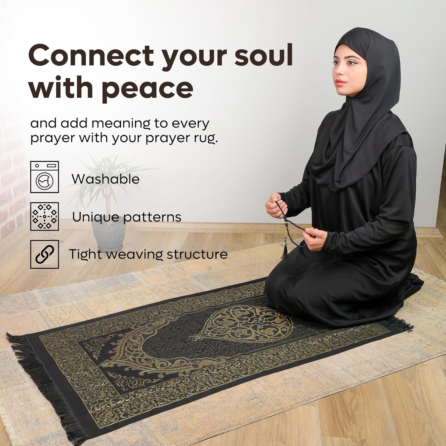 Luxury Taffeta Prayer Rug Set – Black Janamaz with Cylinder Gift Box & Pearl Tasbeeh - Firaset