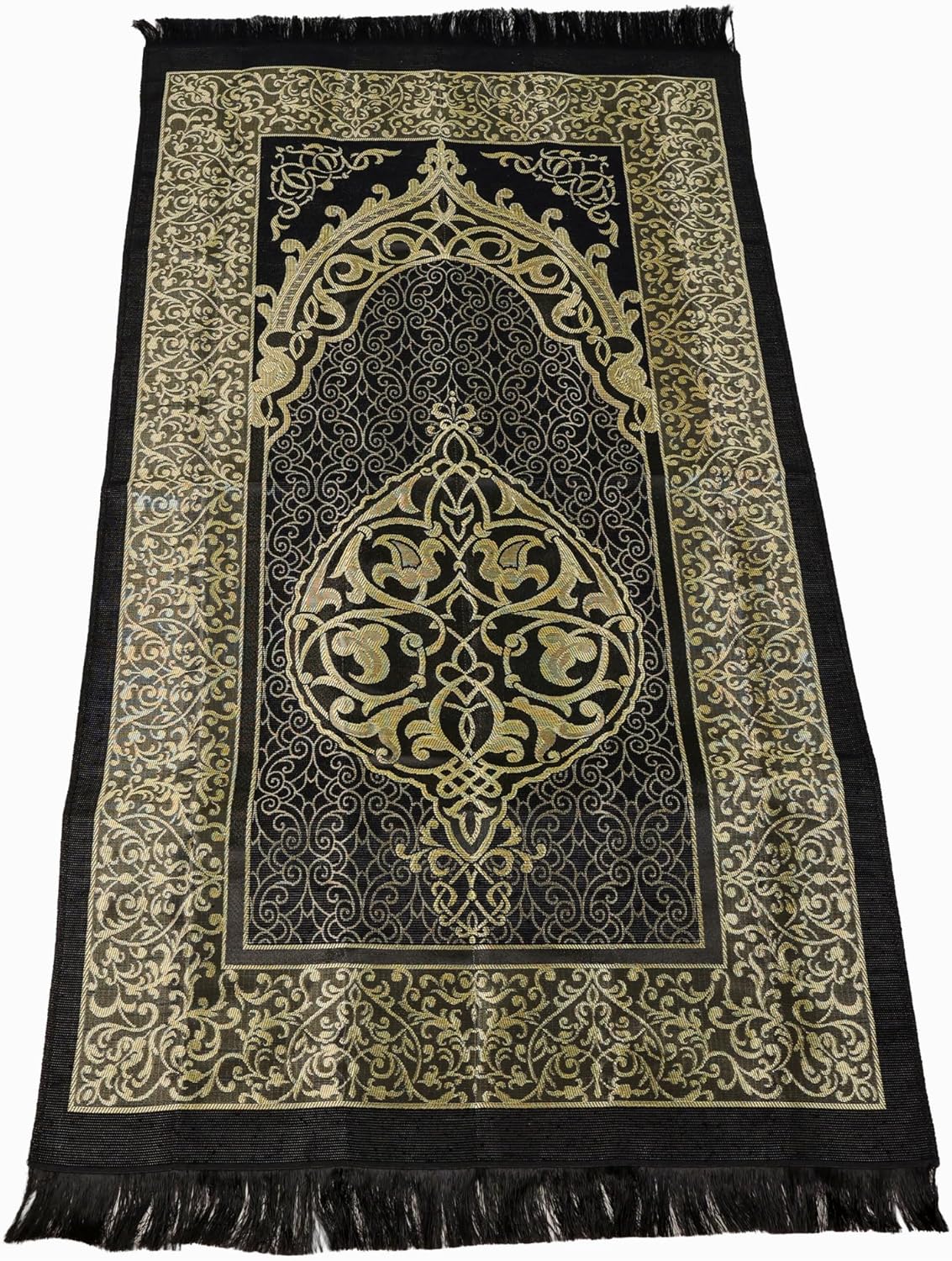 Luxury Taffeta Prayer Rug Set – Black Janamaz with Cylinder Gift Box & Pearl Tasbeeh - Firaset