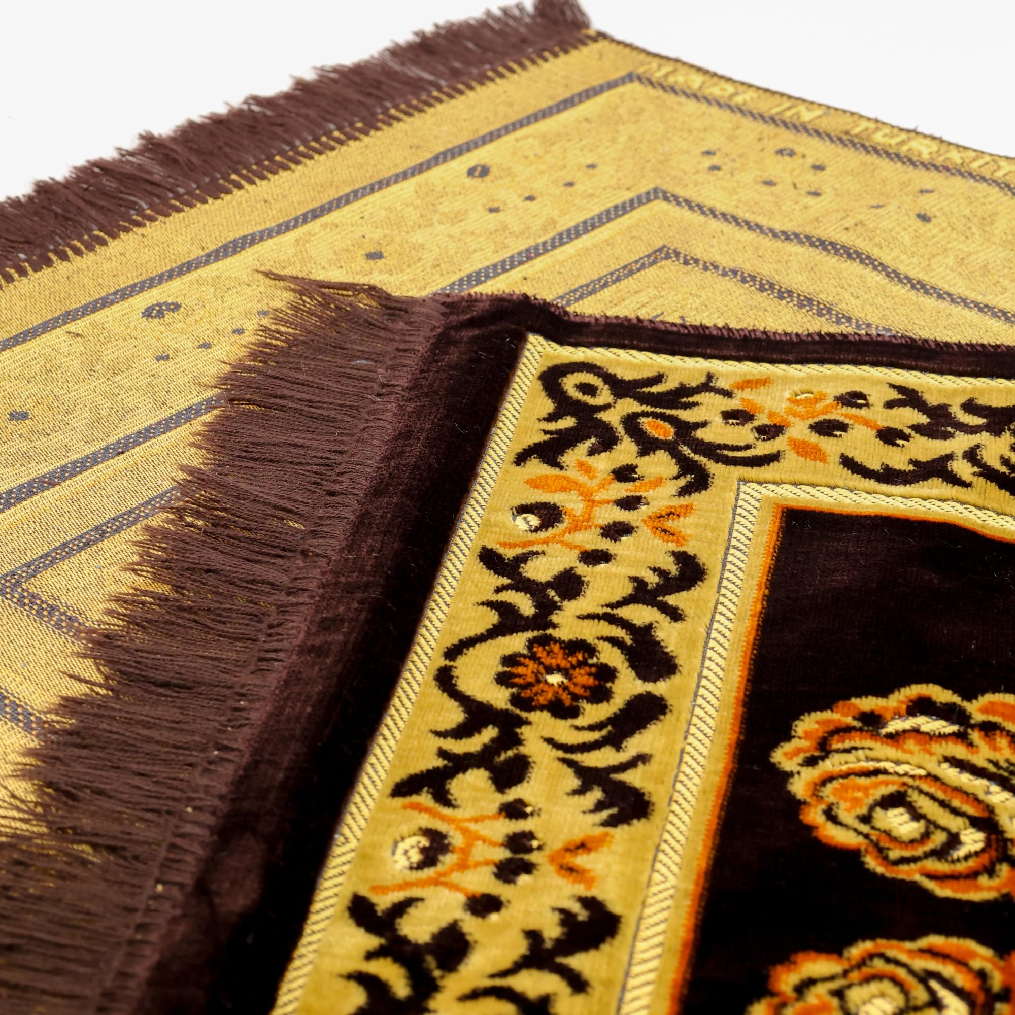 Luxury Turkish Black & Gold Velvet Prayer Rug with Prayer Cap - Firaset