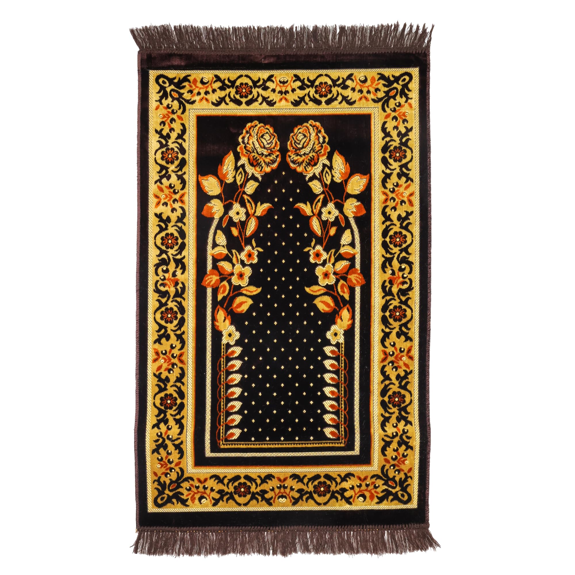 Luxury Turkish Black & Gold Velvet Prayer Rug with Prayer Cap - Firaset