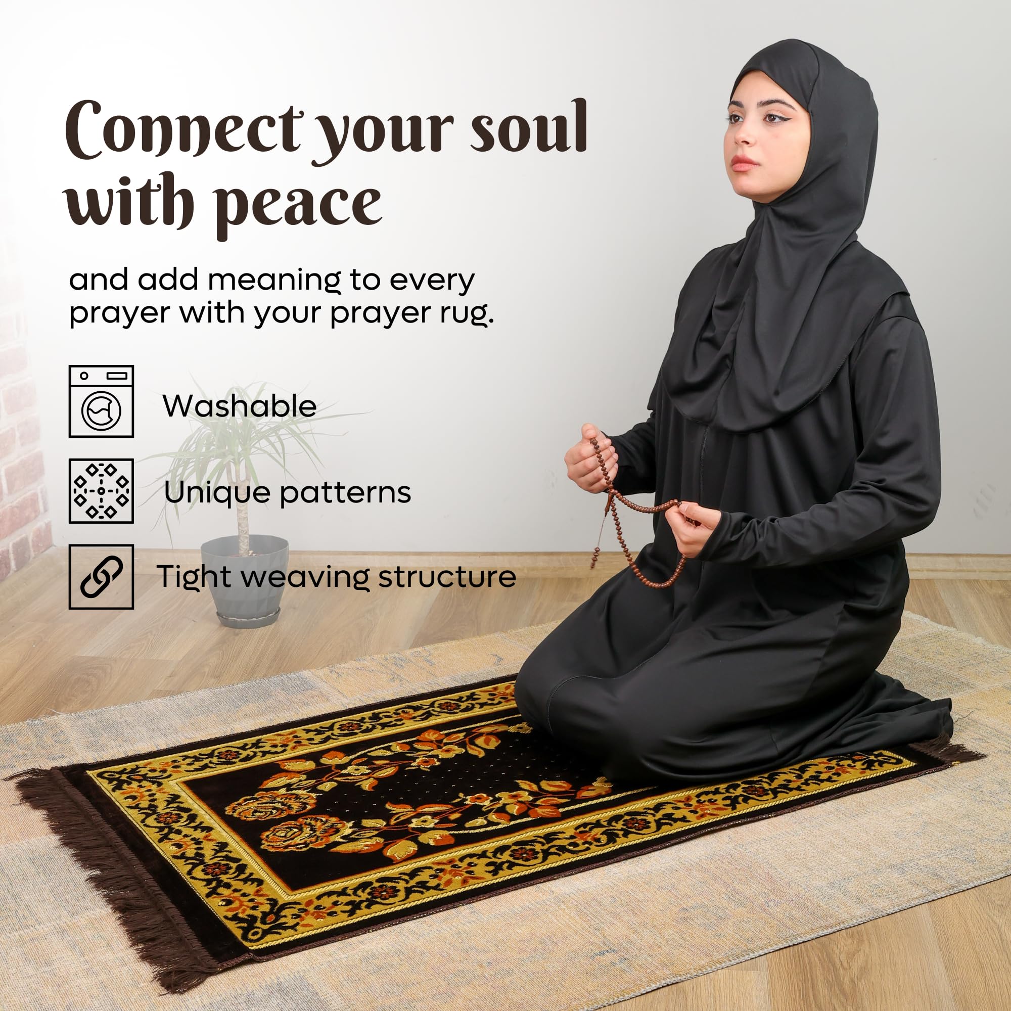 Luxury Turkish Black & Gold Velvet Prayer Rug with Prayer Cap - Firaset