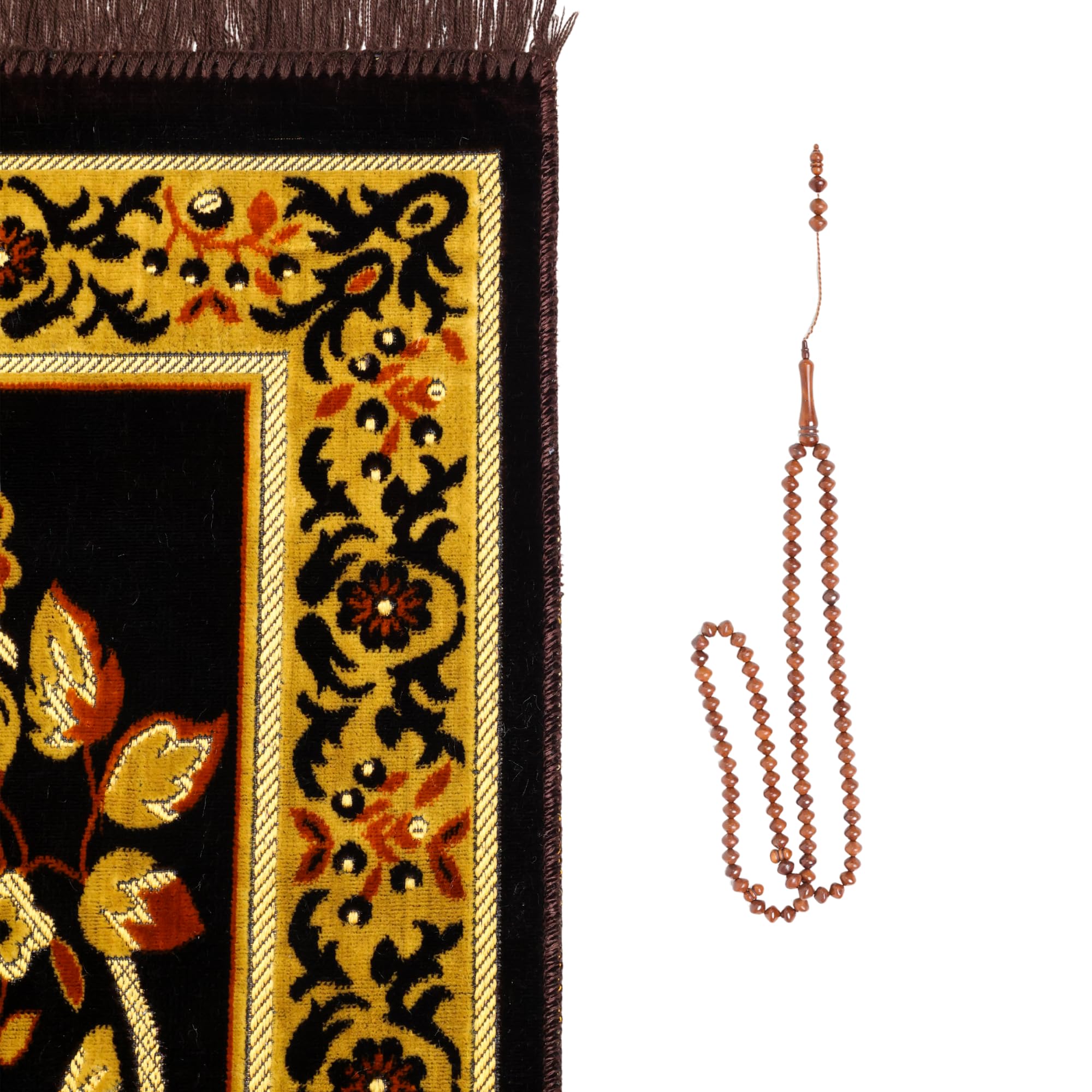 Luxury Turkish Black & Gold Velvet Prayer Rug with Prayer Cap - Firaset