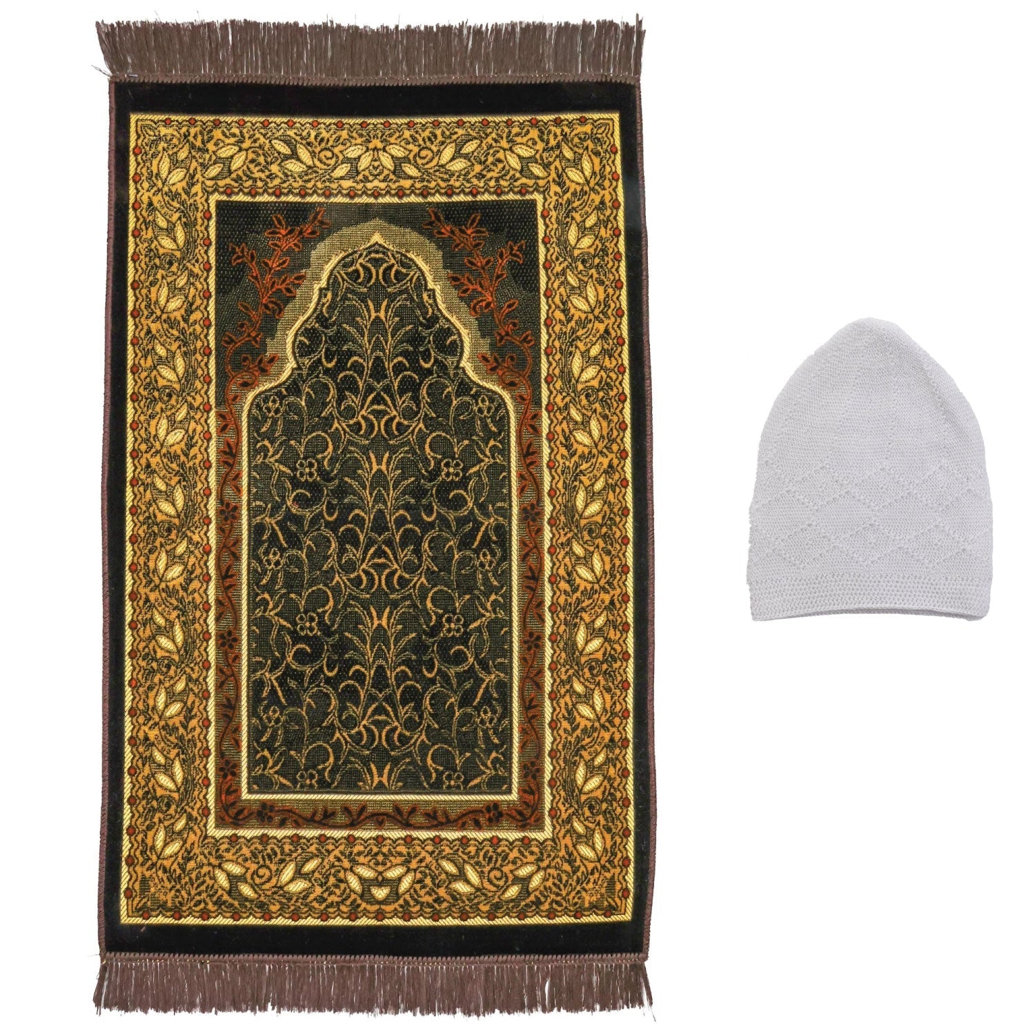 Luxury Turkish Brown & Gold Velvet Prayer Rug with Prayer Cap - Firaset