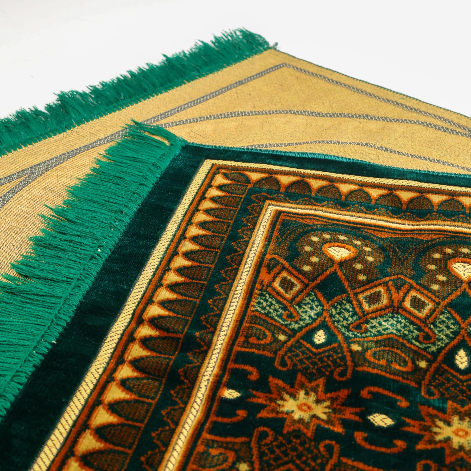 Luxury Turkish Emerald Green & Bronze Velvet Prayer Rug with Prayer Cap - Firaset
