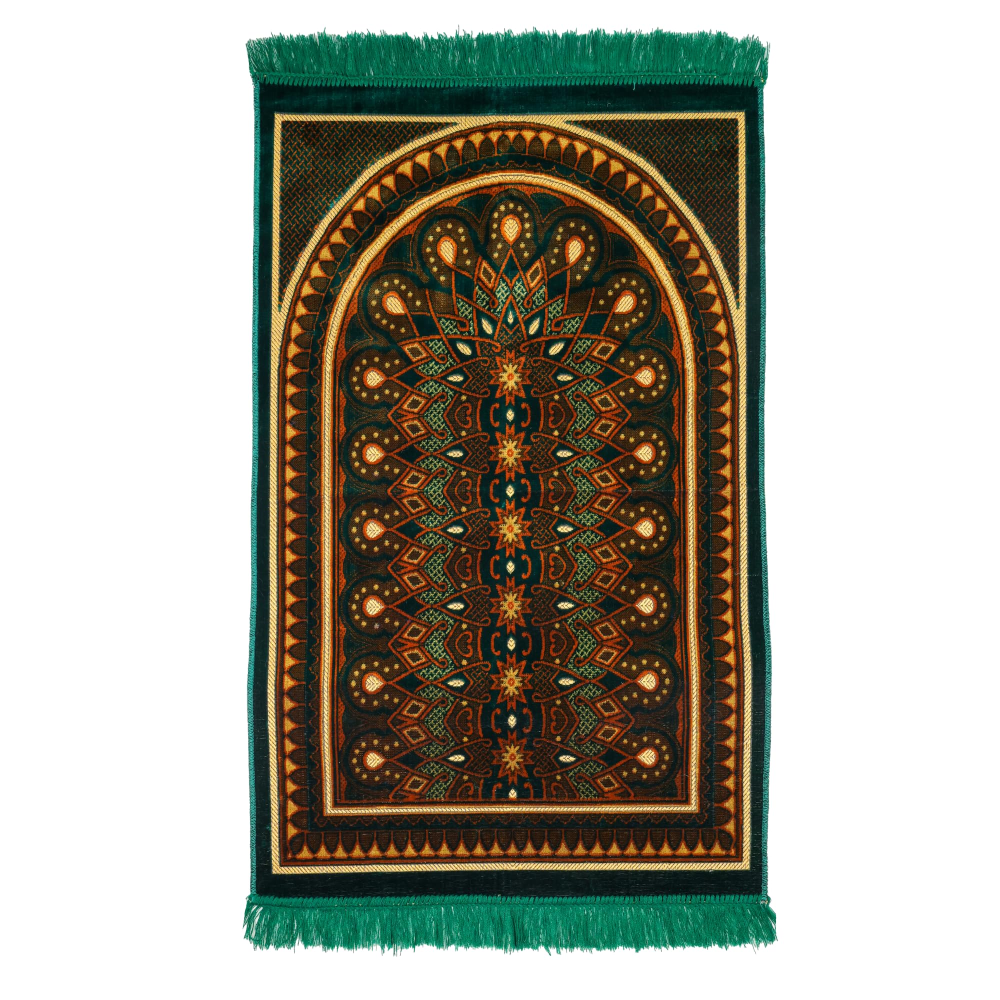 Luxury Turkish Emerald Green & Bronze Velvet Prayer Rug with Prayer Cap - Firaset