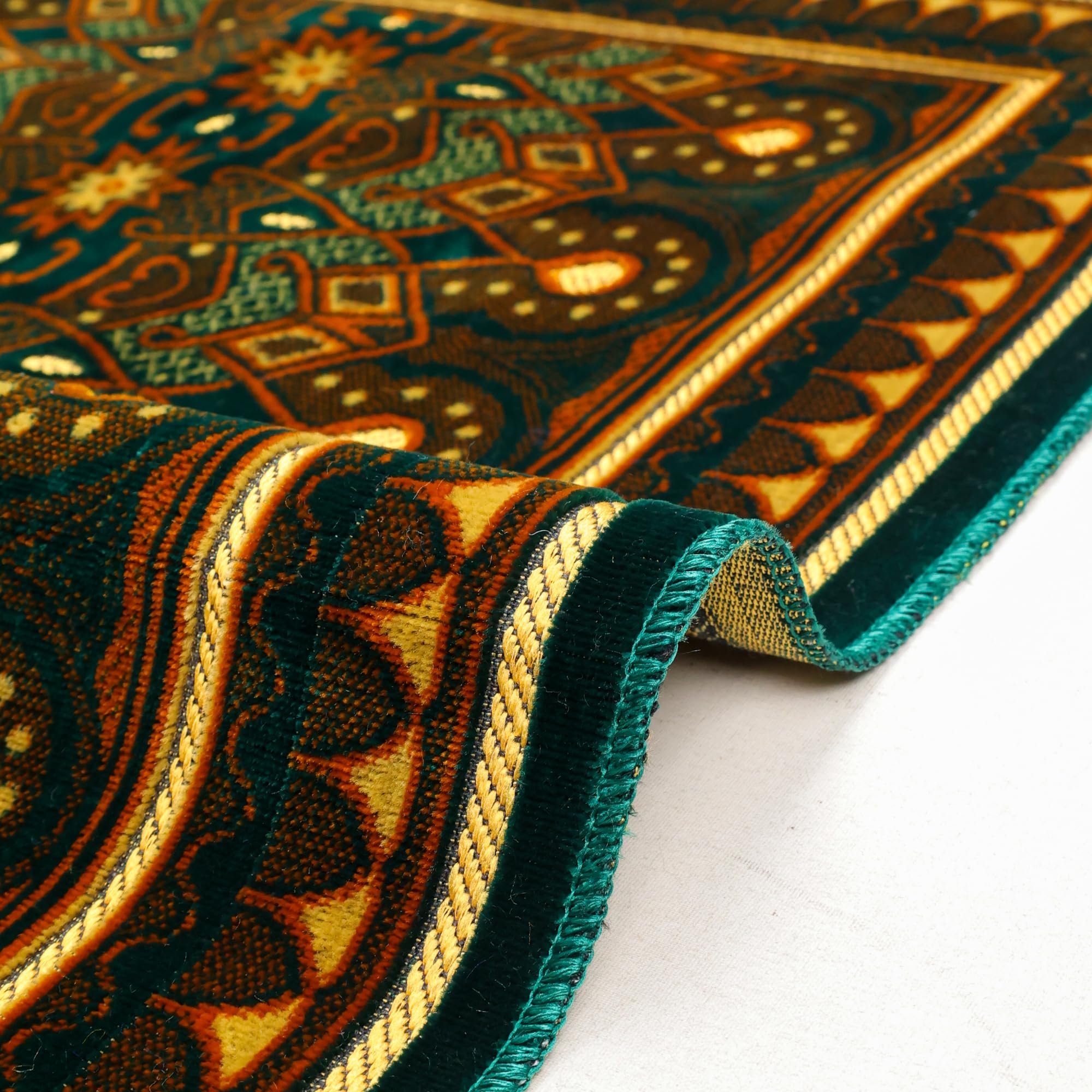 Luxury Turkish Emerald Green & Bronze Velvet Prayer Rug with Prayer Cap - Firaset