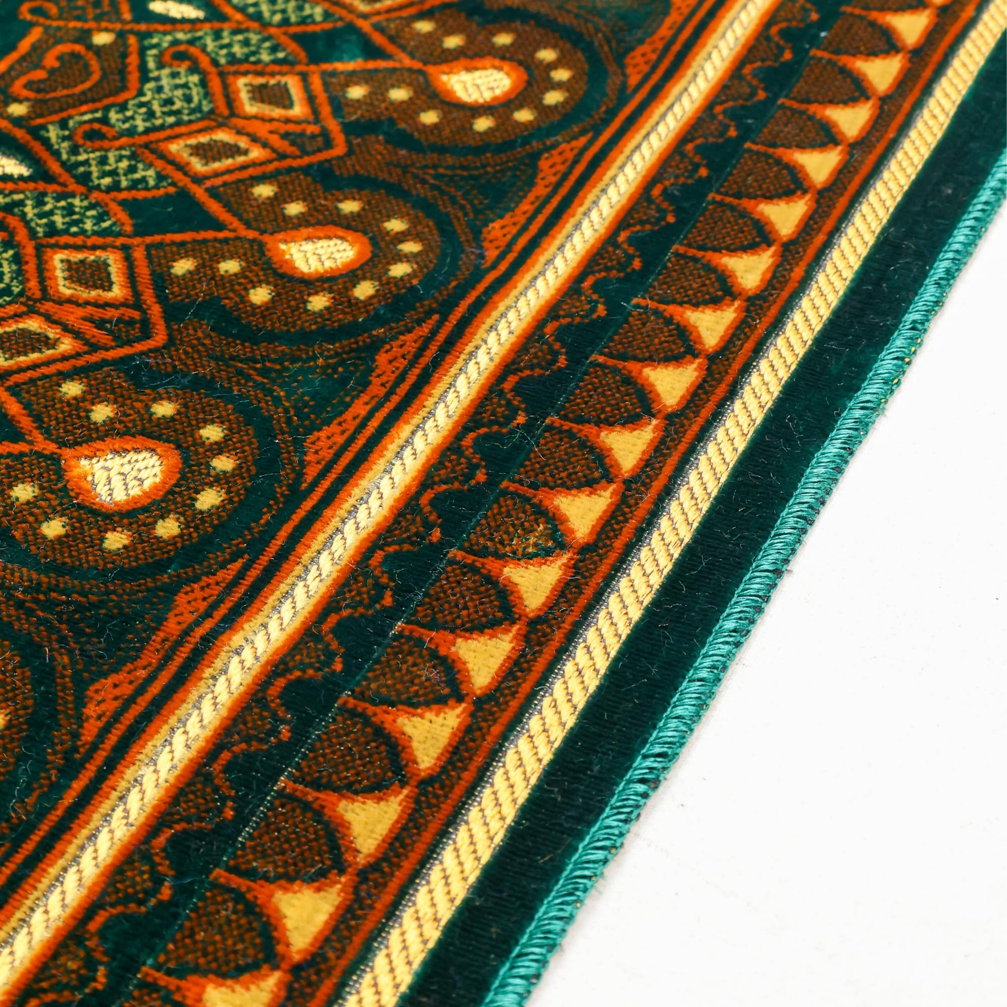 Luxury Turkish Emerald Green & Bronze Velvet Prayer Rug with Prayer Cap - Firaset