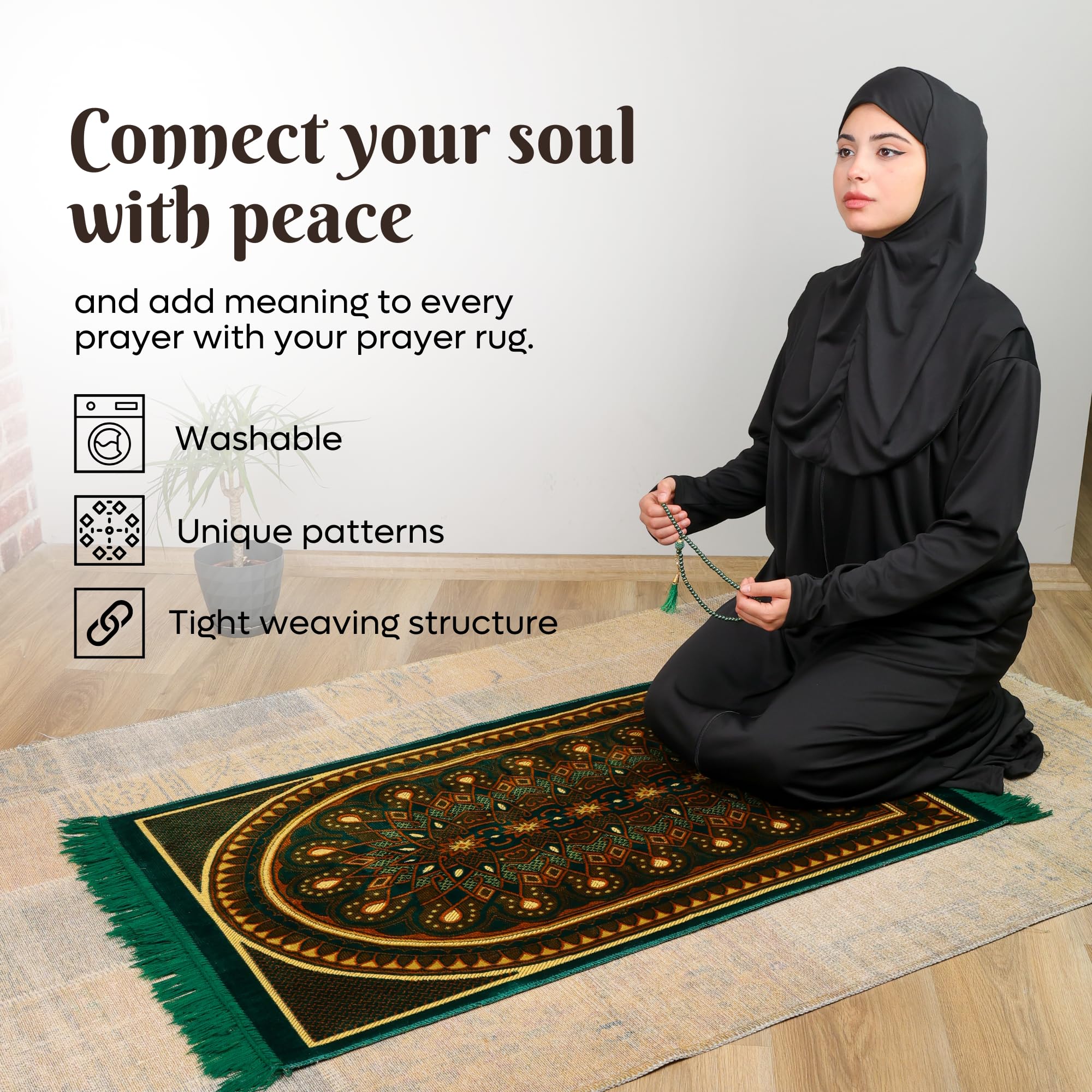 Luxury Turkish Emerald Green & Bronze Velvet Prayer Rug with Prayer Cap - Firaset