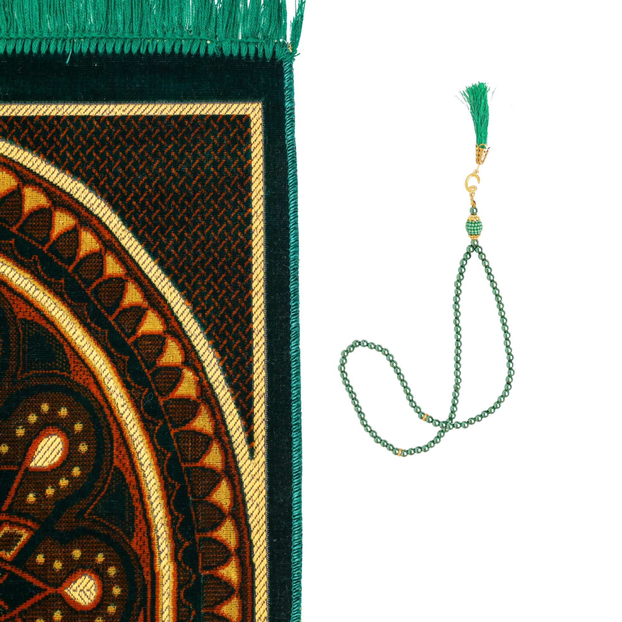 Luxury Turkish Emerald Green & Bronze Velvet Prayer Rug with Prayer Cap - Firaset